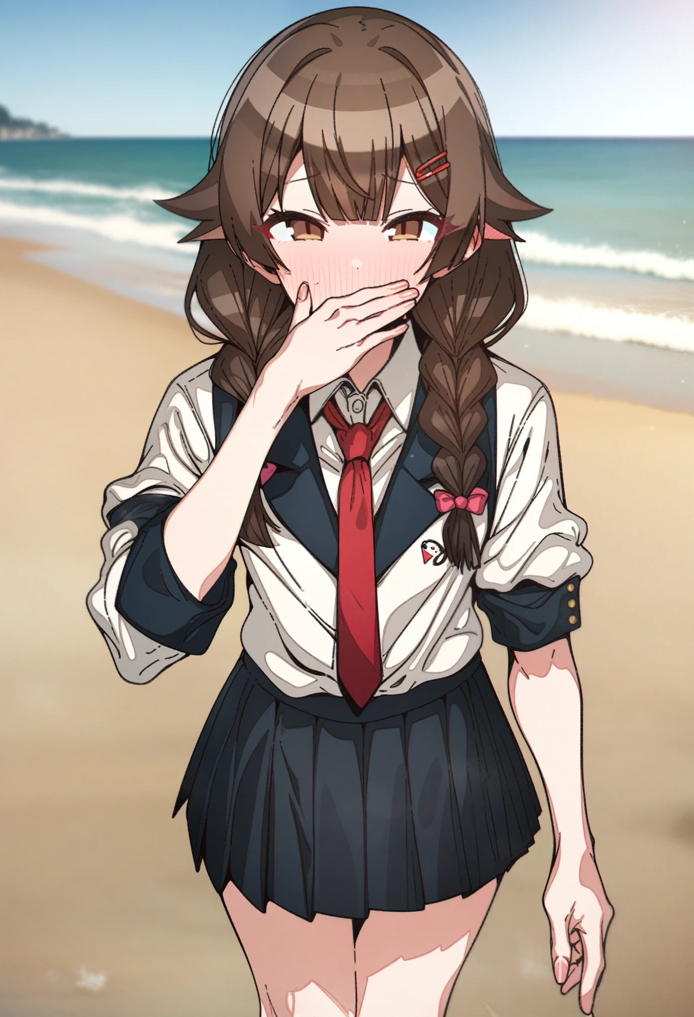 hoshino_(blue_archive) with brown hair and brown eyes, Artist, erere, Copyrights, idolmaster, idolmaster_shiny_colors, Character, General, 1girl, brown_hair, blunt_bangs, blush, medium_breasts, breasts, detailed eyelashes, beatiful girl:1, brown_eyes, censored, school_uniform, pleated skirt, blazer, hair_clip, twin_braids, hand_over_mouth, tired, red tie, (full_body) (standing in middle, beach), sky:0.7, half-closed_eyes, detailed, sand, outdoors, looking_at_viewer, masterpiece, best_quality, great_quality, girl, solo, center_composition, centered character, cute