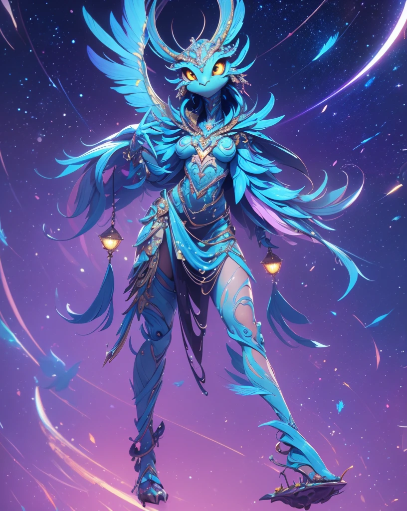 (high-res, vivid colors), blue bird alien, detailed feathers, sparkling eyes, alien landscape, vibrant colors, surreal atmosphere, glowing lights, otherworldly features, intricate patterns, dreamlike scenery