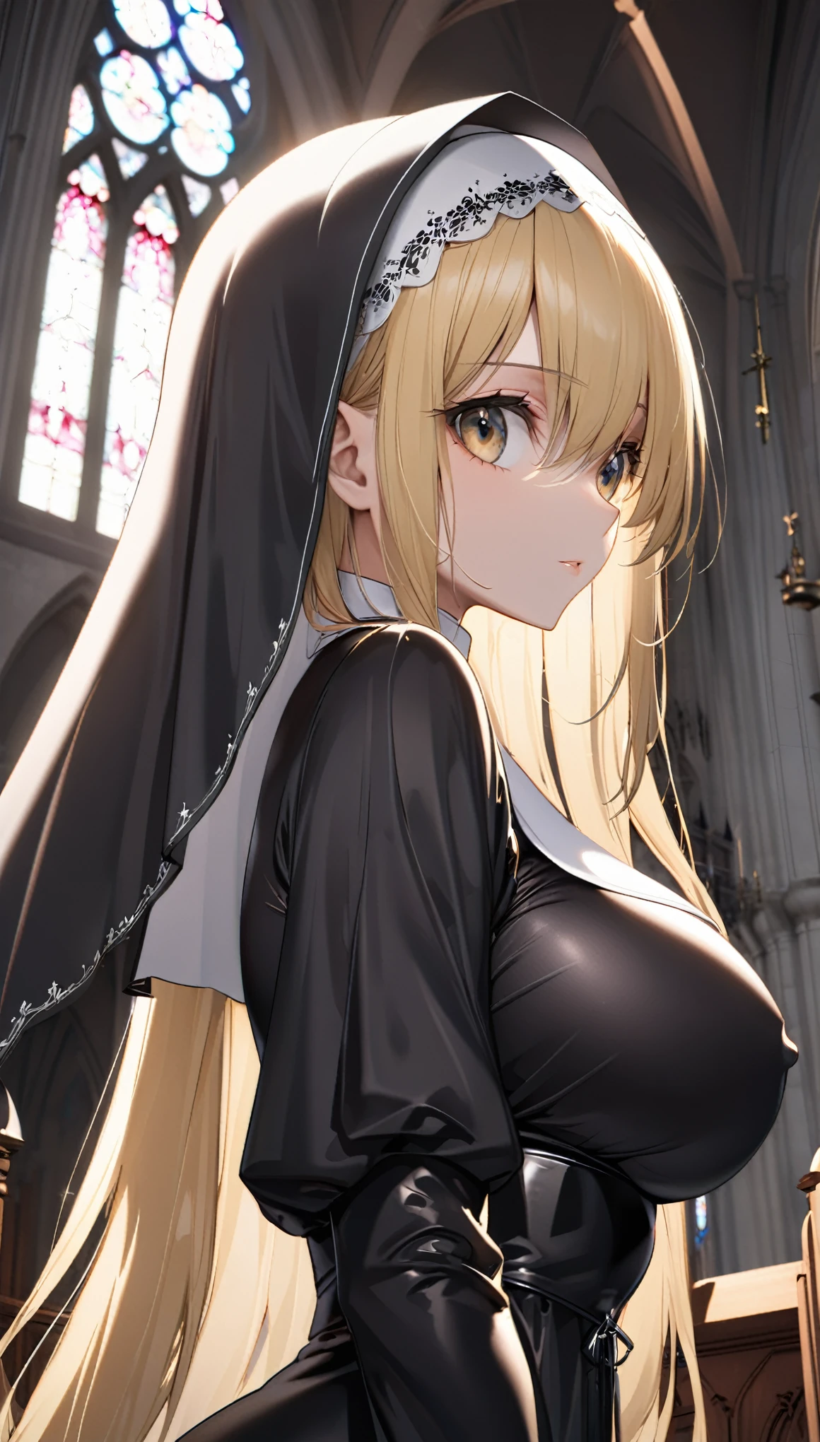 (Married woman:1.5), (Elegant:1.3), (blonde:1.5), (straight hair:1.5), (long hair:1.4), (Big eyes:1.2), (droopy eyes:1.4), (nun:1.4), (shiny skin:1.5), (exquisite female body:1.5), (well-shaped big breasts:1.3), (black head veil:1.4), (black scapular:1.3), (black tunic:1.3), (looking away:1.3), (profile:1.3), (skindentation:1.4), (church:1.3), (pov:1.5), (close up:1.3), (View from below:1.3), (High resolution:1.2), (highest quality:1.2), (8K:1.2),