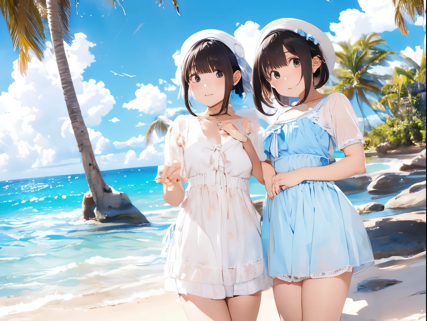 Breasts sticking to a white dress shirt、She is wearing a light blue and white checkered skirt with cute ribbons in both hands, showing off her underwear.、barefoot、Sandy beach, sea and blue sky、 sister hugs her older sister、Big Breasts、Paisura