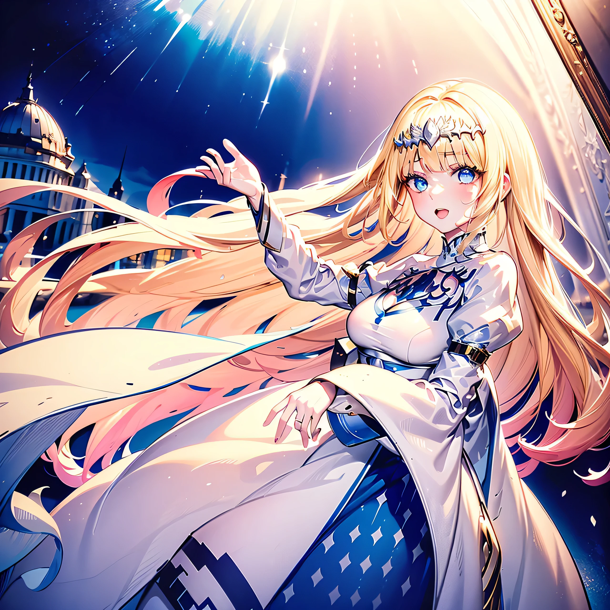 masutepiece, Highest Quality, (Perfect face:1.1), (high detailing:1.1), (ultradetailed eyes), Dramatic, superfine illustration, Extremely detailed, 1girl in, (pale skin), Ethereal eyes, Blue eyes,blush,Solo,Smile, Happy, Laugh, Enjoy, Open mouth, Pouty lips,Cinematic lighting, Looking at Viewer, Cowboy Shot,, reaching out, from side, botanical garden, 1girl, solo, Calca, Calca Bessarez, blonde hair, (extremely long hair:1.4), very long hair, white tiara, white dress, blue eyes, medium chest, full body