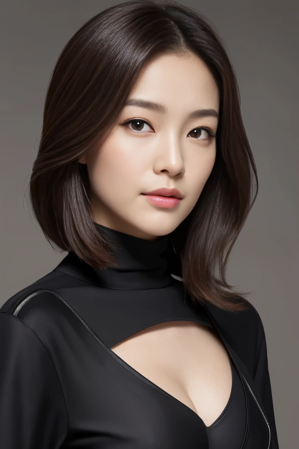 Create a (( mid-shot )) photorealistic image of a beautiful Asian woman with fair, smooth, flawless skin. She has large, round, sparkling eyes with naturally long and curled eyelashes, and well-defined, dark eyebrows. Her nose is straight and high, and her naturally pink, soft lips form a gentle smile. She has short, slightly curled brown hair that highlights her delicate facial features. Her face is oval-shaped, with a wide and high forehead, moderately high cheekbones, and a pointed, slender chin. She ((dark black fabric bra )),((wearing biker jacket and biker suits, deep neck line, police badge)), ((wear jeans))