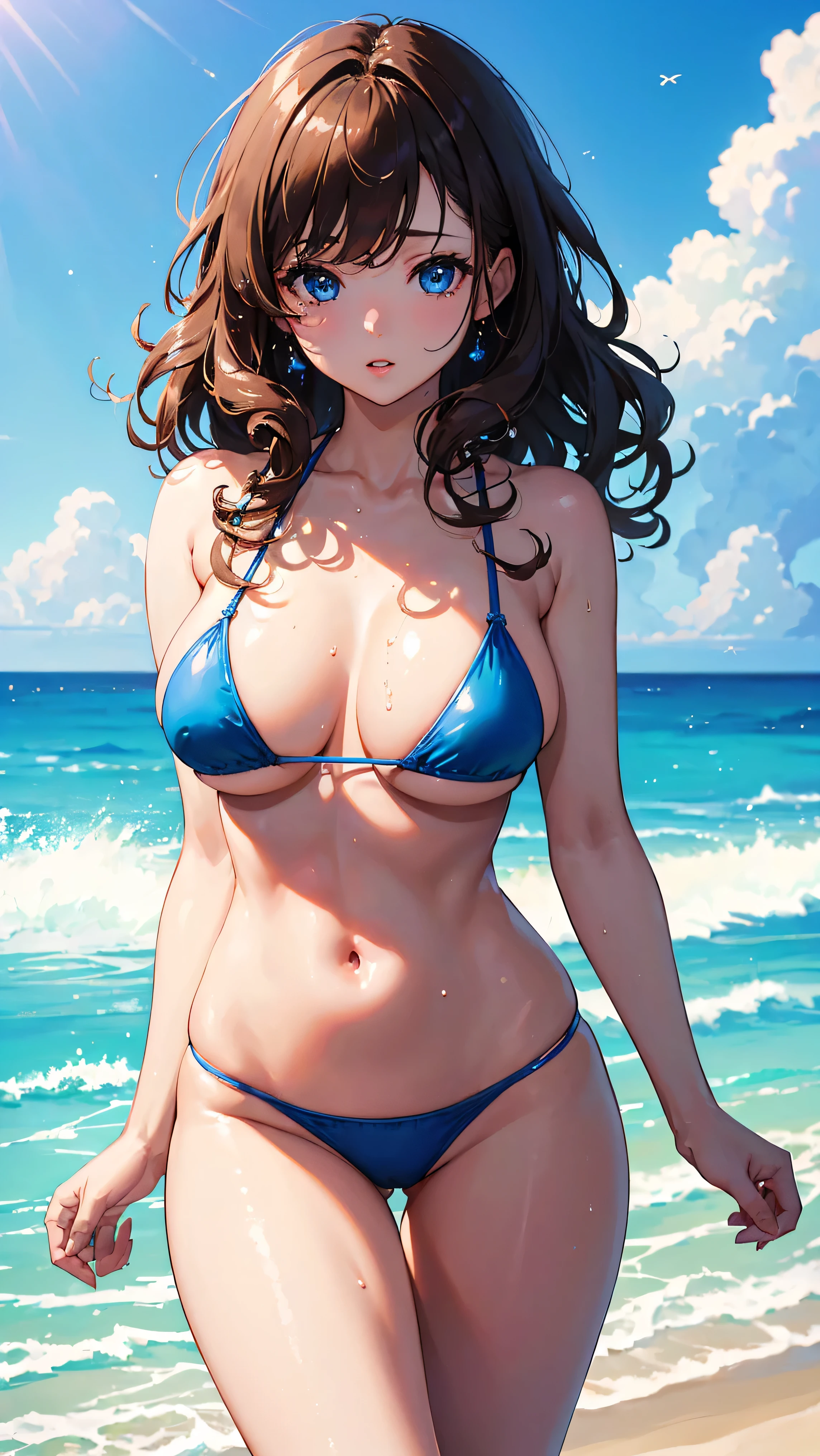 (((masterpiece、high resolution、high quality、Delicate、Ultra-high resolution、8k)))One female、Brown Hair、Curly Hair、Blue Eyes、Dense lips、Glowing Skin、sexy Micro Bikini, big breasts , Ocean、beach、water droplets、sunlight