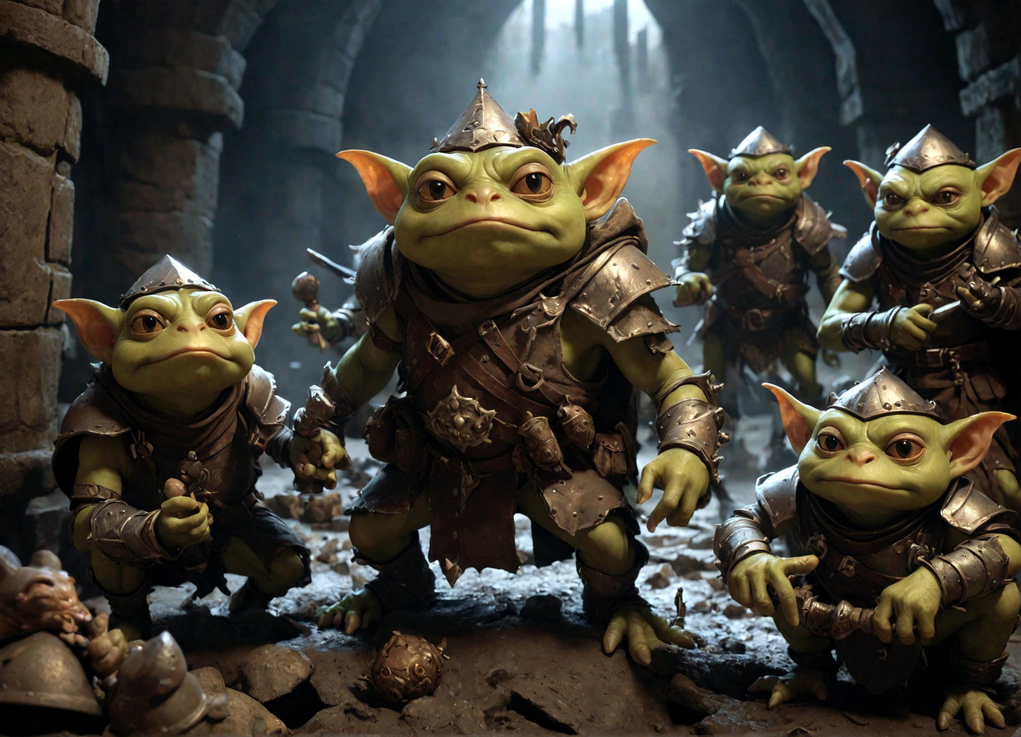 a squad of elite goblins worshiping a goblin-sized toad,1 fighter goblin,1 cleric goblin,1 wizard goblin,1 thief goblin,evil goblins,cowardly goblins,goblins dressed in garbage versions of heroic armor,highly detailed,intricate,fantasy,dark fantasy,cinematic lighting,cinematic composition,dramatic shadows,muted colors,grime,dirt,mud,rust,tattered clothes,worn armor,dungeon,dungeon interior,dungeon environment,moody atmosphere,dynamic pose,action,adventure