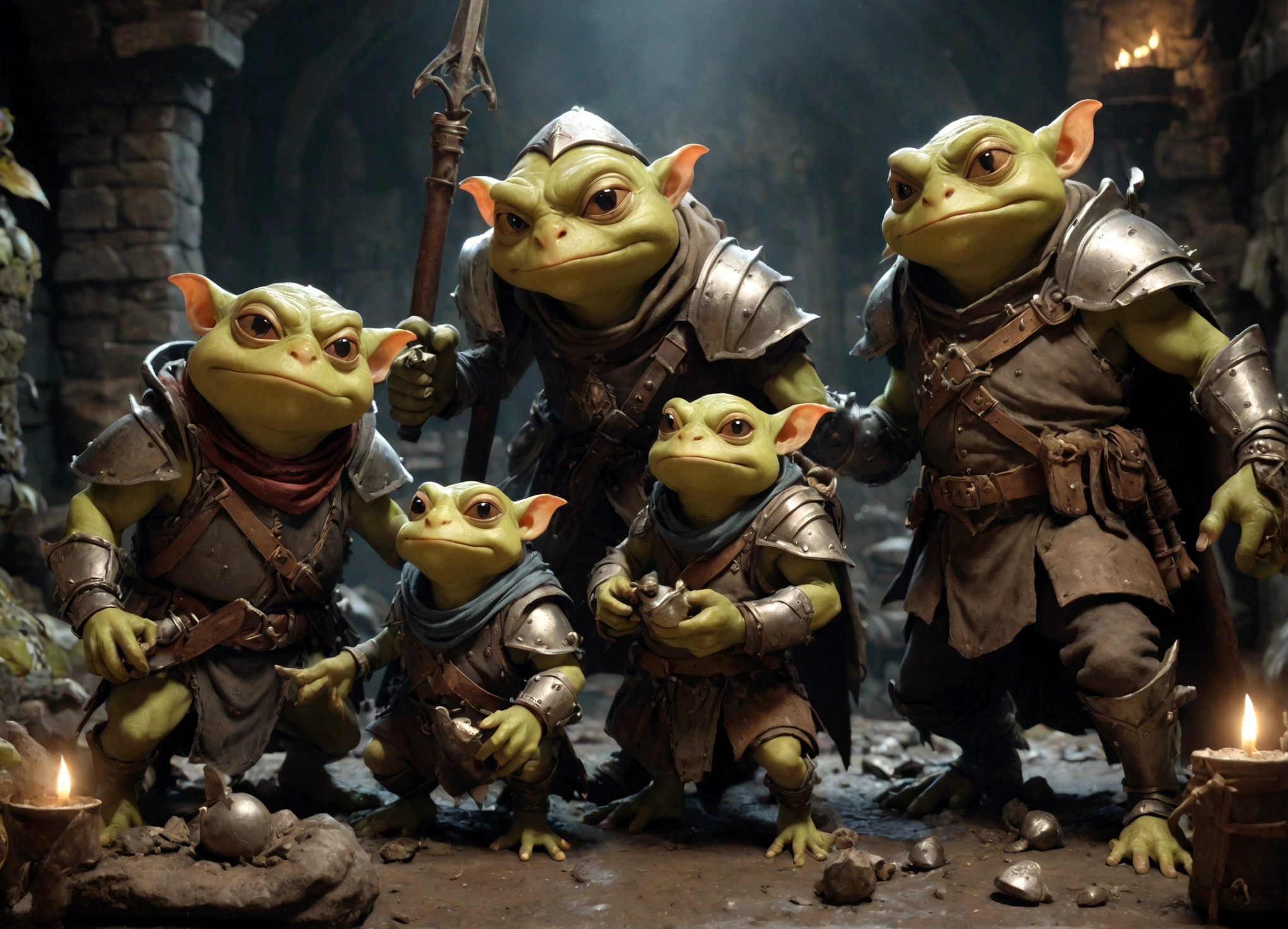 a squad of elite goblins worshiping a goblin-sized toad,1 fighter goblin,1 cleric goblin,1 wizard goblin,1 thief goblin,evil goblins,cowardly goblins,goblins dressed in garbage versions of heroic armor,highly detailed,intricate,fantasy,dark fantasy,cinematic lighting,cinematic composition,dramatic shadows,muted colors,grime,dirt,mud,rust,tattered clothes,worn armor,dungeon,dungeon interior,dungeon environment,moody atmosphere,dynamic pose,action,adventure