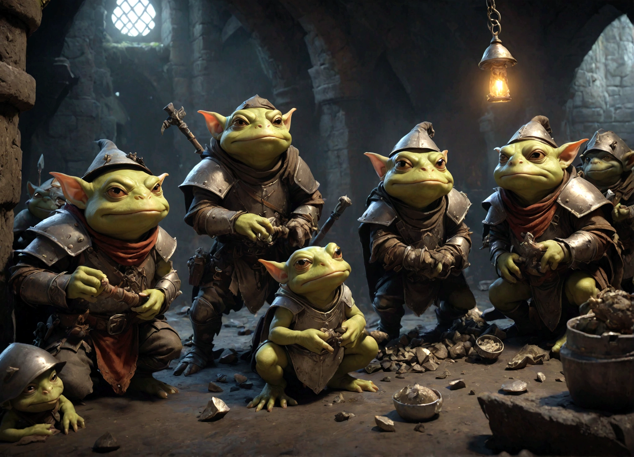 a squad of elite goblins worshiping a goblin-sized toad,1 fighter goblin,1 cleric goblin,1 wizard goblin,1 thief goblin,evil goblins,cowardly goblins,goblins dressed in garbage versions of heroic armor,highly detailed,intricate,fantasy,dark fantasy,cinematic lighting,cinematic composition,dramatic shadows,muted colors,grime,dirt,mud,rust,tattered clothes,worn armor,dungeon,dungeon interior,dungeon environment,moody atmosphere,dynamic pose,action,adventure
