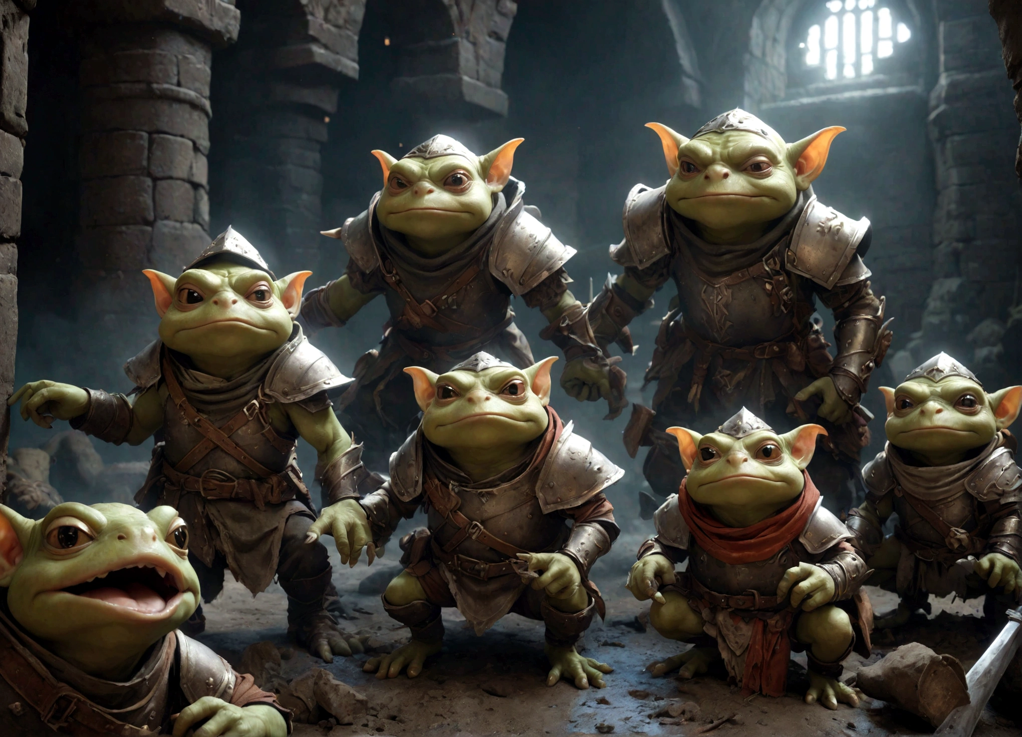 a squad of elite goblins worshiping a goblin-sized toad,1 fighter goblin,1 cleric goblin,1 wizard goblin,1 thief goblin,evil goblins,cowardly goblins,goblins dressed in garbage versions of heroic armor,highly detailed,intricate,fantasy,dark fantasy,cinematic lighting,cinematic composition,dramatic shadows,muted colors,grime,dirt,mud,rust,tattered clothes,worn armor,dungeon,dungeon interior,dungeon environment,moody atmosphere,dynamic pose,action,adventure

