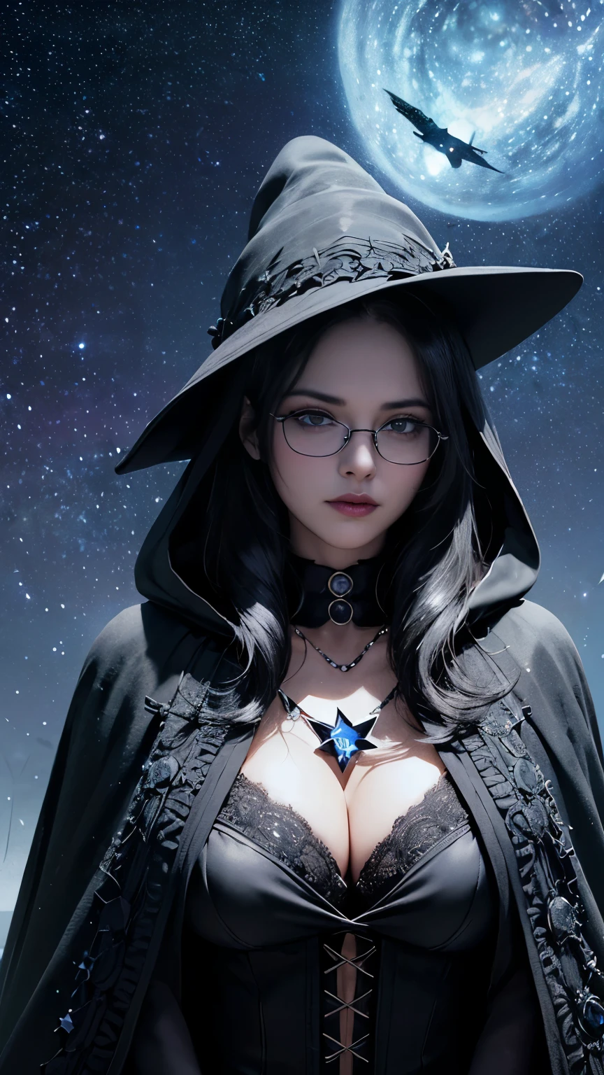 (Fatal Beauty,A charming villain,witch) ,(A supple and powerful physique),(Sensual charm),(Mysterious charm:1.1),(Captivating silhouette),((((Glasses))))、((((big sapphire necklace))))、(highest quality,High resolution:1.2),(dark,Threatening:1.1),((dark horror theme:1.5),(Thriller:1.5)),(Dark fantasy:1.5),  (((Countless stars fly away:1.5),(Absurd:1.5),(wonderful:1.5))),Woman in red Dress, (Powerful numbers:1.1),(((Big Breasts))),(((Fiery crown:1.1))),prime color,Urban,Very detailed,masterpiece,Intricate details,Faded,Very detailed, Eye for details,Intricate details,暗くてSpooky atmosphere,  Spiritual Beings, Unforgettably beautiful, Ghostly figures, Shadow-like shape, Spooky whispers, Ominous Aura, Goth Maiden, Very darkHer eyes, Like dazzling fur in a starless haze,Her Mogul Snaps, Mysterious Cemetery,Black hair swaying in the moonlight, She summons darkness, (beautiful: 1.7), (Black Hat: 1.6), (An intricately decorated jet-black cloak: 1.6), (Delicately decorated cloak, Despite the damage: 1.5), Hypermaximalist,  Breathtaking oil paintings, Surreal, Ultra-realistic digital illustrations that mimic the style of oil paintings, A seamless blend of Alex Grey&#39;s psychedelic visionary art and H&#39;s physical and mechanical aesthetic..r. Giger. wonderful構成,  (Shining Eyes:1.6)、(Glowing Eyes:1.1),(hellish landscape:1.1),(fire,sulfur:1.1),(Threatening atmosphere:1.1),(dark shadows,Threatening presence:1.1),(Unlucky Clouds,Stormy Skies:1.1),(dark,Spooky atmosphere:1.1),(Aura of misfortune,Evil energy:1.1),(dark aura,cigarette:1.1),(Extreme heat,Burning Flames:1.1),(Nightmare Visions:1.1),(Predicting the end:1.1),(Whispers of misfortune,Devilish Laugh:1.1),(Cry of pain,echoing screams:1.1),(Bad luck symbol,Ancient runes:1.1),(Mysterious relic,dark art ifacts:1.1),(Infernal ritual,ritual sacrifice:1.1),(Eternal ruin,A hopeless existence:1.1),  Inspired by abandoned mech backgrounds. Art created by Craig Mullins, Necrostyle., Detailed Description, Futuristic sci-fi scene. Focus on SFCon