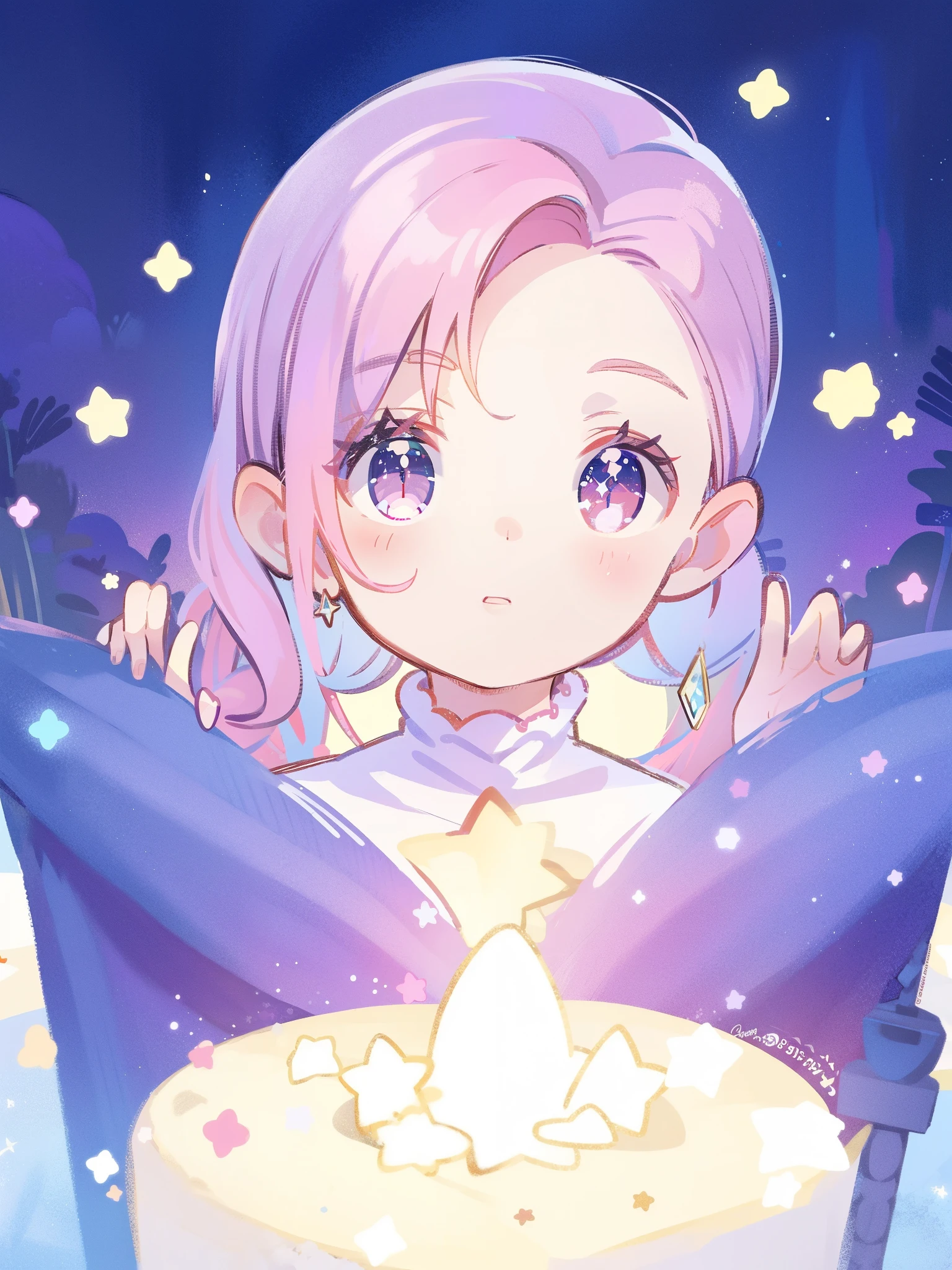 complex background, wishing star background, magical girl wearing an ethereal mystical pink translucent dress that reflects the stars, close up, sparkling detailed eyes, golden ratio face, perfect composition, perfume promo art, mystic, complex drawing, highly detailed, Covergirl brand, promo art, artistic rendition, ethereal, starry night, midjourney style