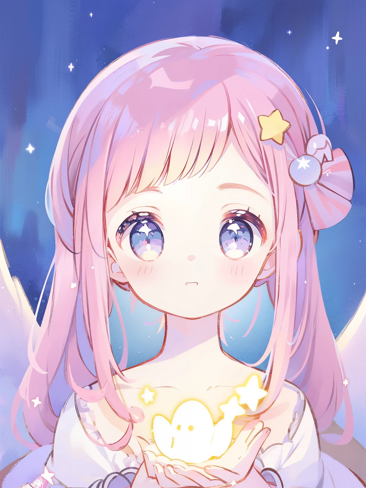 complex background, wishing star background, magical girl wearing an ethereal mystical pink translucent dress that reflects the stars, close up, sparkling detailed eyes, golden ratio face, perfect composition, perfume promo art, mystic, complex drawing, highly detailed, Covergirl brand, promo art, artistic rendition, ethereal, starry night, midjourney style