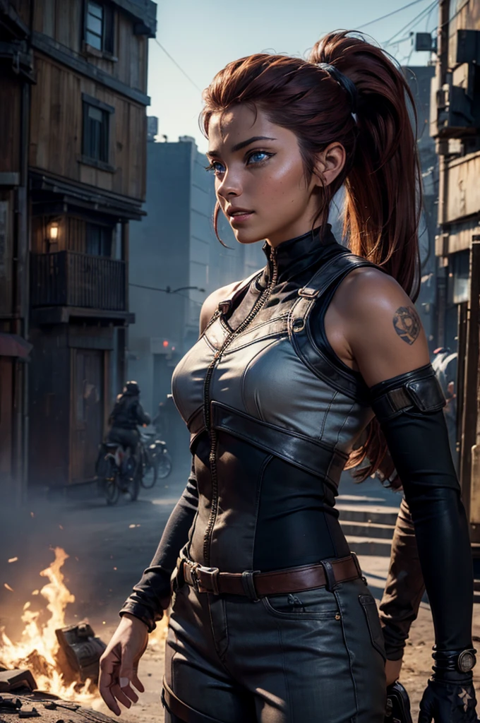 
iliaamitola, ilia amitola, smiling, long hair, blue eyes, brown hair, ponytail, dark skin, dark-skinned female, BREAK bare shoulders, bodysuit, BREAK city street, bonfires, wrecked vehicles, crowd, (crowd in military dress), post-apocalypse, dystopian future, crowd, (crowd in military uniforms), (volumetric lighting), best quality, masterpiece, intricate details, tonemapping, sharp focus, hyper detailed, BREAK looking at viewer, (cowboy shot:1.5), BREAK (masterpiece:1.2), best quality, high resolution, unity 8k wallpaper, (illustration:0.8), (beautiful detailed eyes:1.6), extremely detailed face, perfect lighting, extremely detailed CG, (perfect hands, perfect anatomy), 
