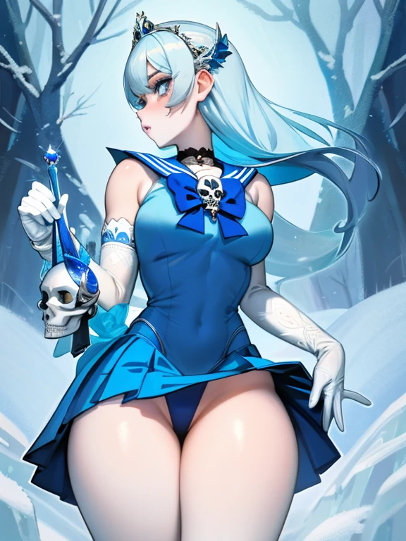 ((best quality)), ((official art)), ((masterpiece)), textile shading, ((ultra-detailed)), solo, full color, (1girl, solo, bssmsuperoutfit, circlet, white leotard,,blue sailor collar, sleeveless, heart brooch, miniskirt, white gloves, hairstyle, hairlength , detailed face, (full body:1.1)), (in nature) (best quality, highres, ice skull:1.1), ice skull, girl style, thick body art, detailed facial features, icy blue eyes, glossy lips, long eyelashes, porcelain skin, blue and silver color scheme, intricate skull design, realistic texture, vibrant colors, elaborate background, mysterious atmosphere, frozen garden, snow-covered trees, sparkling ice crystals, surreal lighting, fantasy elements