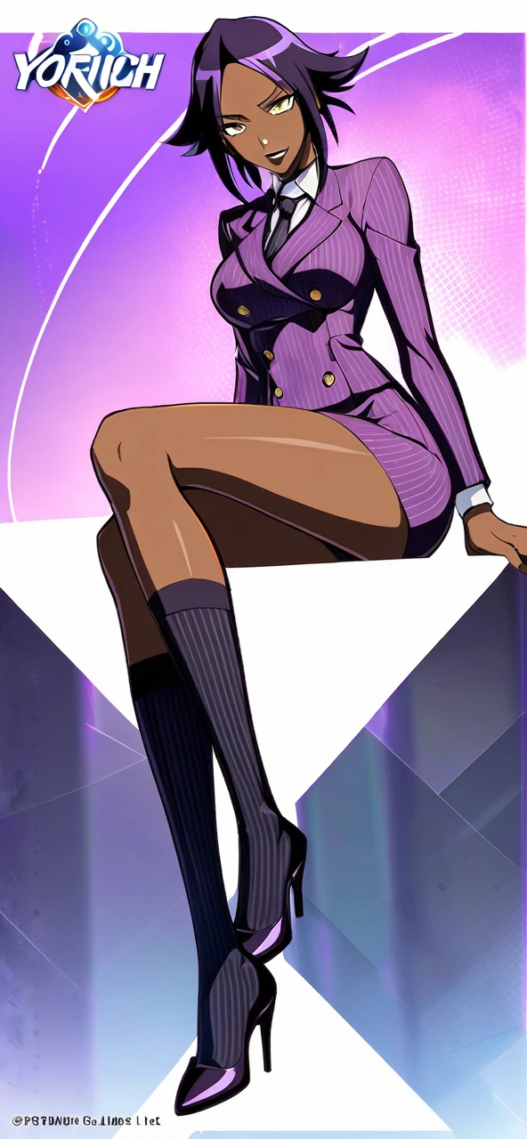 Full body Yoruichi as a thin Black business woman in a double breasted pinstripe purple skirt suit while wearing a tie with a very long purple pinstripe skirt that covers the legs and with long black knee socks full art and make her sit down also give her thin legs and purple heels