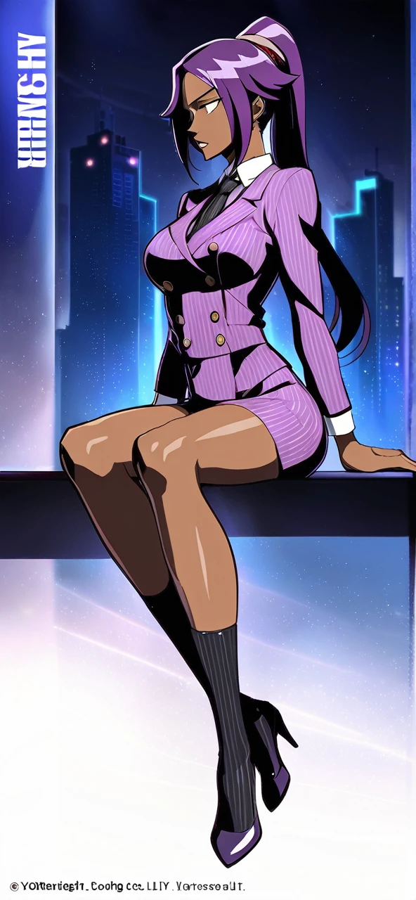  Full body Yoruichi as a thin Black business woman in a double breasted pinstripe purple  skirt suit while wearing a tie with a very long purple pinstripe skirt that covers the legs and with long black knee socks full art and make her sit down also give her thin legs and purple heels