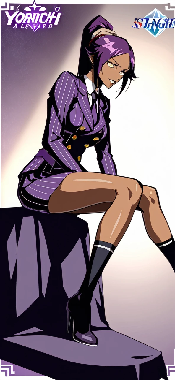  Full body Yoruichi as a thin Black business woman in a double breasted pinstripe purple  skirt suit while wearing a tie with a very long purple pinstripe skirt that covers the legs and with long black knee socks full art and make her sit down also give her thin legs and purple heels