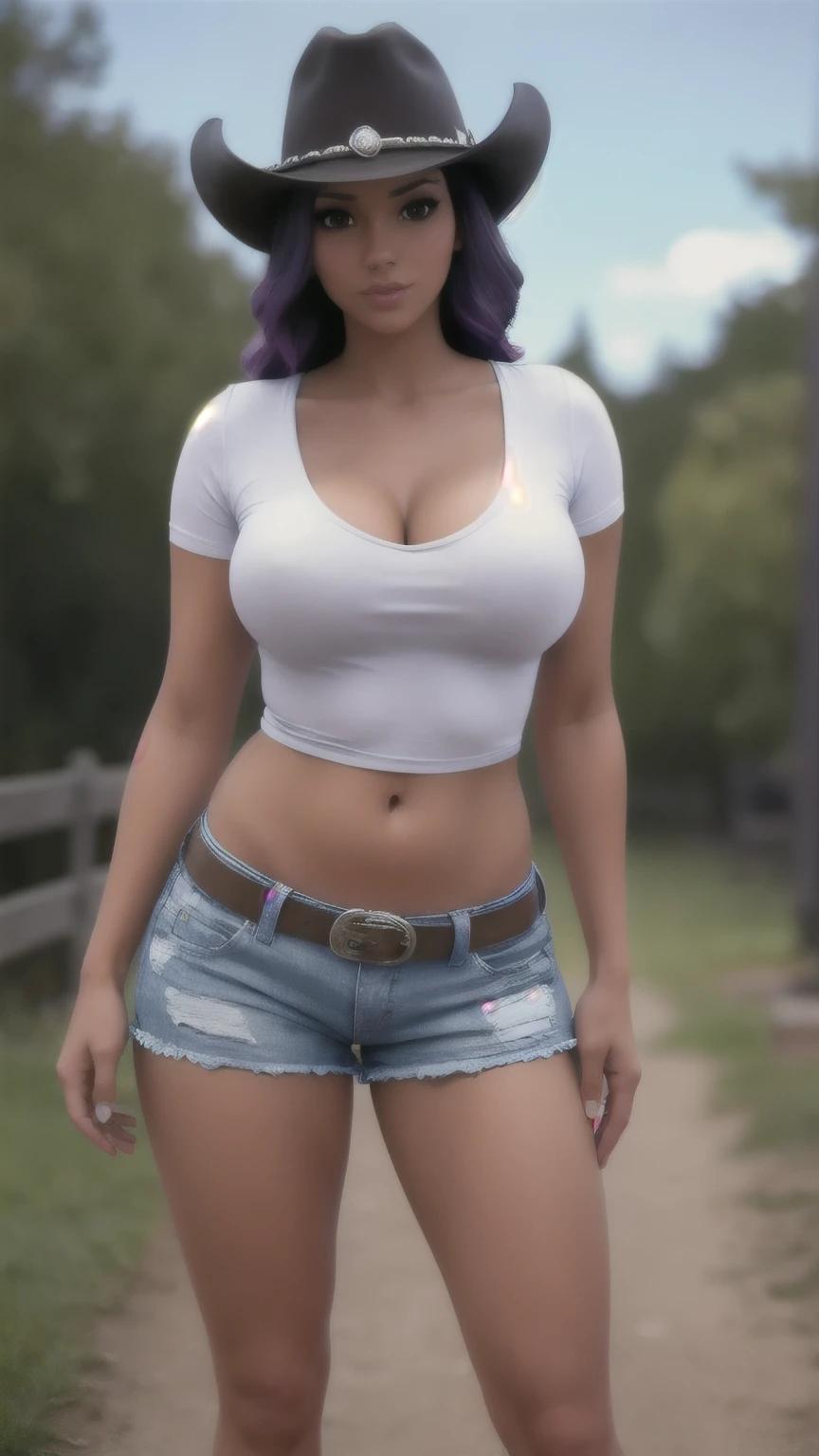 (Highly quality, highly resolutions, highly detailed, masterpiece), Western theme, Western background, 1girl, standing pose, white top, blue shorts, short jeans, cowboy hat, black/purple hair, brown skin tone, cleavage, sexy body,