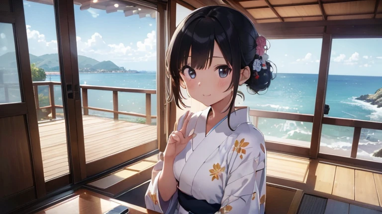 ((masterpiece, 最high quality, Ultra high definition, High resolution)), (high quality), (Best illustrations), ((Beautiful fingers)), the 90s, (A small and delicate face),girl, Shortcuts, cute, yukata, Japan, Ocean ,The best smile, sitting in the window, looking out to Ocean, Behind you