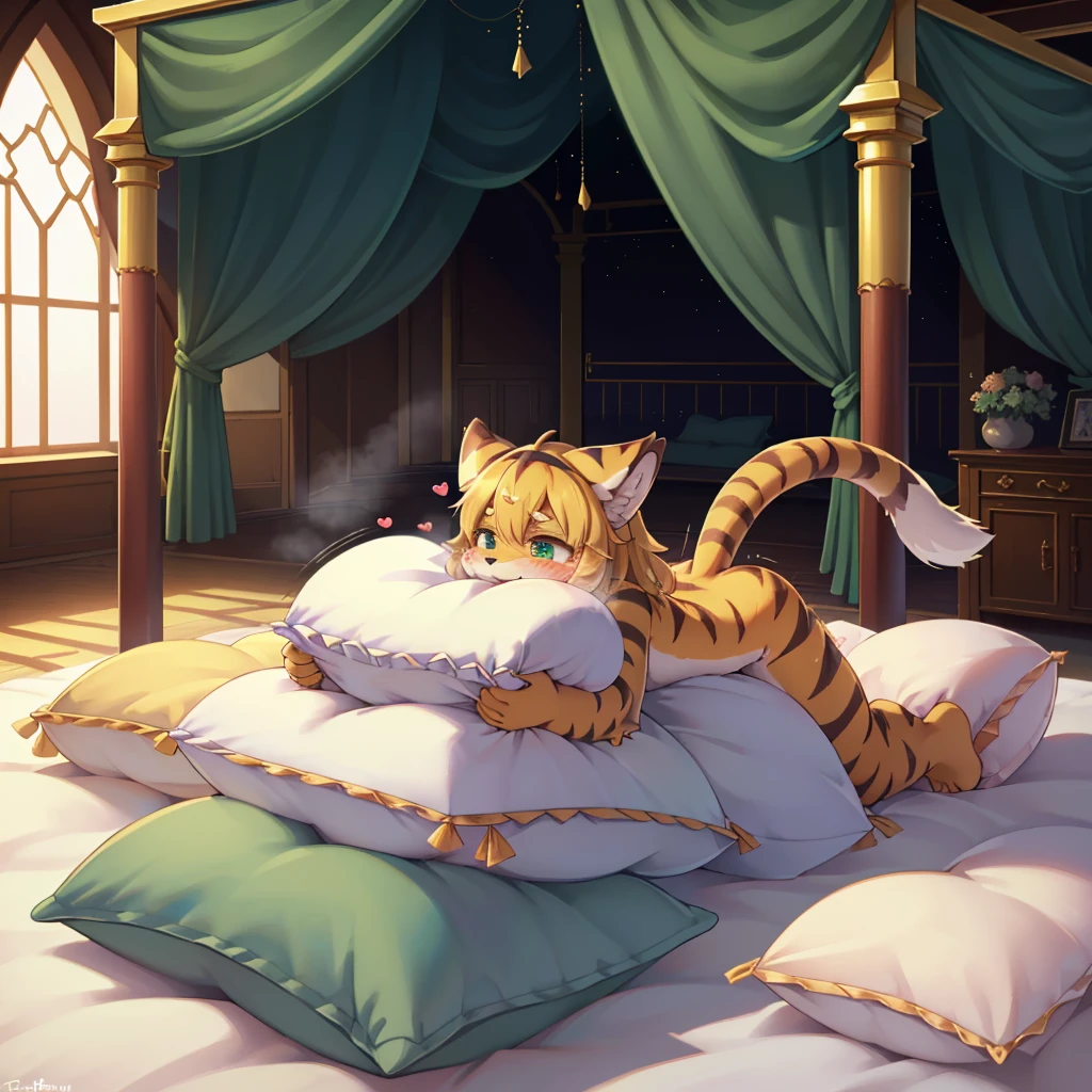 （masterpiece，best quality），my own, The Beast, , (适合任何Pillow背景的光影））, 穿着pajamas可爱女孩在Pillow上摆姿势 ，pajamas，Nature,, (blush),a smile，Pillow头,（很多Pillow），Soft cushion，（canopy bed），Soft pillow quotation，（Pillow损坏），很多Pillow，（Crotch rubbing），（（Pillow驼峰）），（Pillow），（A tail），，（粉色Pillow），（Love around the protagonist），Steam，（Pillow头），（），（豪华Pillow），（Pillow），（palace），（Palace bedroom），（Pillow），柔软的Pillow，，（Classical European style bedroom ），（excited，shy person，Lack of expressiveness，），，pillow humping,mia,tiger tail,tiger ears,Tiger pattern，，Sweat，，Sweaty，Body swing，身体Shaking lines，Shaking lines，best quality, masterpiece, ((Maximum resolution)), artwork, ，,,(Interior of the palace),(In the bedroom at night),(Deluxe Rococo Canopy King Bed),On a big and spacious bed,(the 女孩 is lying on the bed),Before bedtime,,,Luxurious curtains with ornate ruffles and ribbons surround the bed,((((There are many pillows piled on the bed)))),Detail of Quilt,Detailed bed sheets,Ruffled Bed Skirt,Deep Bed,Background with depth,pajamas , ((((大量的Pillow))))，peeing，squatting，water,urine,Shaking lines，wetting pillows,Flowing liquid，Violent body shaking，剧烈Shaking lines，