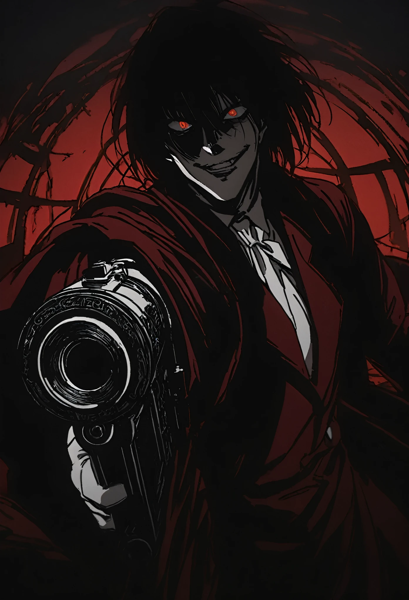 Alucard from "Hellsing" in close-up, in high quality.  Fisheye effect, focusing the image on the barrels of their distinctive engraved pistols, the Jackal and the Casull, pointing directly at the viewer.  The image shows his iconic red outfit in great detail, with the crimson coat fluttering slightly in the wind, and his white gloves with pentagrams clearly visible.  In the background, his face is clearly seen, with crimson eyes shining with malice and a cynical smile that reveals his sharp fangs.  The atmosphere is dark and oppressive, with high contrast to intensify his aura of terror.