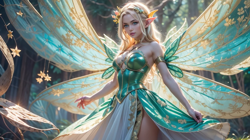 Beautiful faerie woman, elf ear, flying, centered holographic dragonfly wings, balanced wings, glowing blue eyes, detailed proportional hand, proportional body, firm breast, silk tutu, frank Frazzetta painting style, (Best Quality:1.4), (Ultra-detailed), (extremely detailed CG unified 8k wallpaper), Highly detailed, RAW Photos, Professional Photography, plein air, Illumination, (Super fancy photos:1.4), (Dazzling light), Radiant Photography, depth of fields