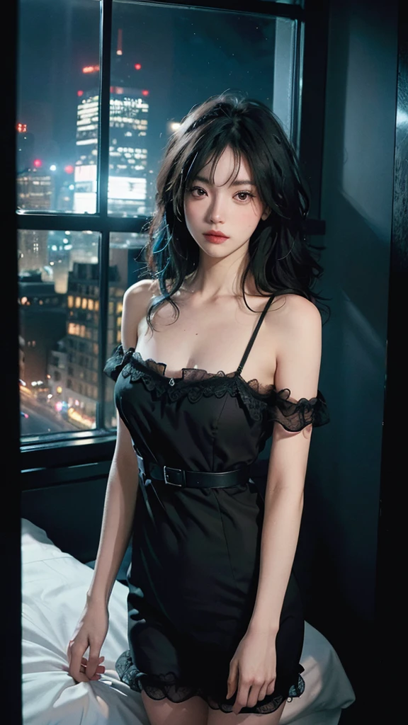 ((High quality, 8k, perfect quality, realistic)), beautiful, perfect face, gazing out the window, nighttime, ((dark room)), Before sleeping, restless, short nightgown, staring at the window, city night view, hair color black and cyan, night city