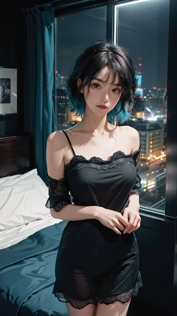 ((High quality, 8k, perfect quality, realistic)), beautiful, perfect face, gazing out the window, nighttime, ((dark room)), Before sleeping, restless, short nightgown, staring at the window, city night view, hair color black and cyan, night city