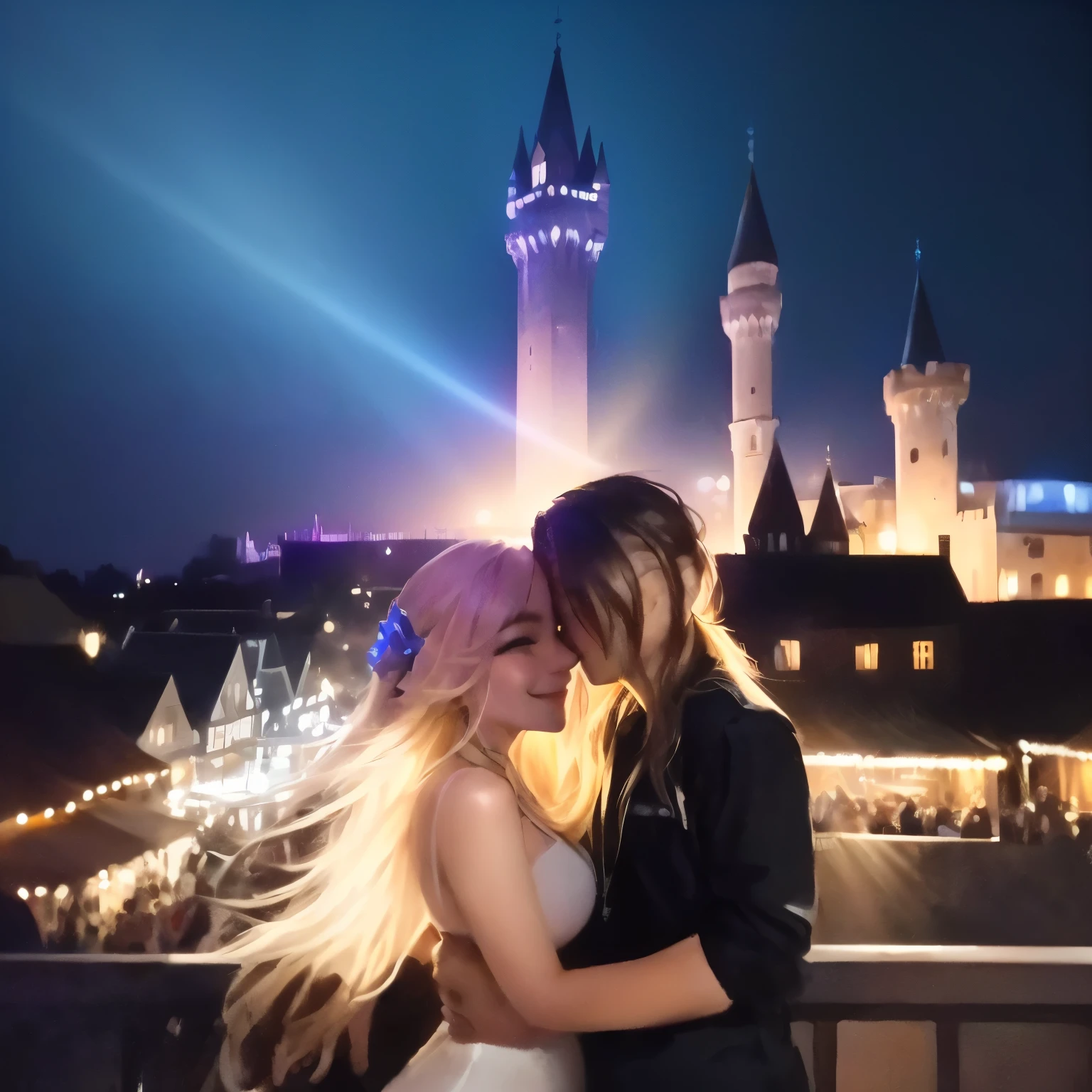 they are posing for a picture together at a , night!, happy couple, profile picture, at future neon light rooftop, instagram post, vacation photo, profile picture 1024px, profile pic, profile image, wpol and sarasti, with backdrop of god rays, music festival, taken in the night, with a castle in the background