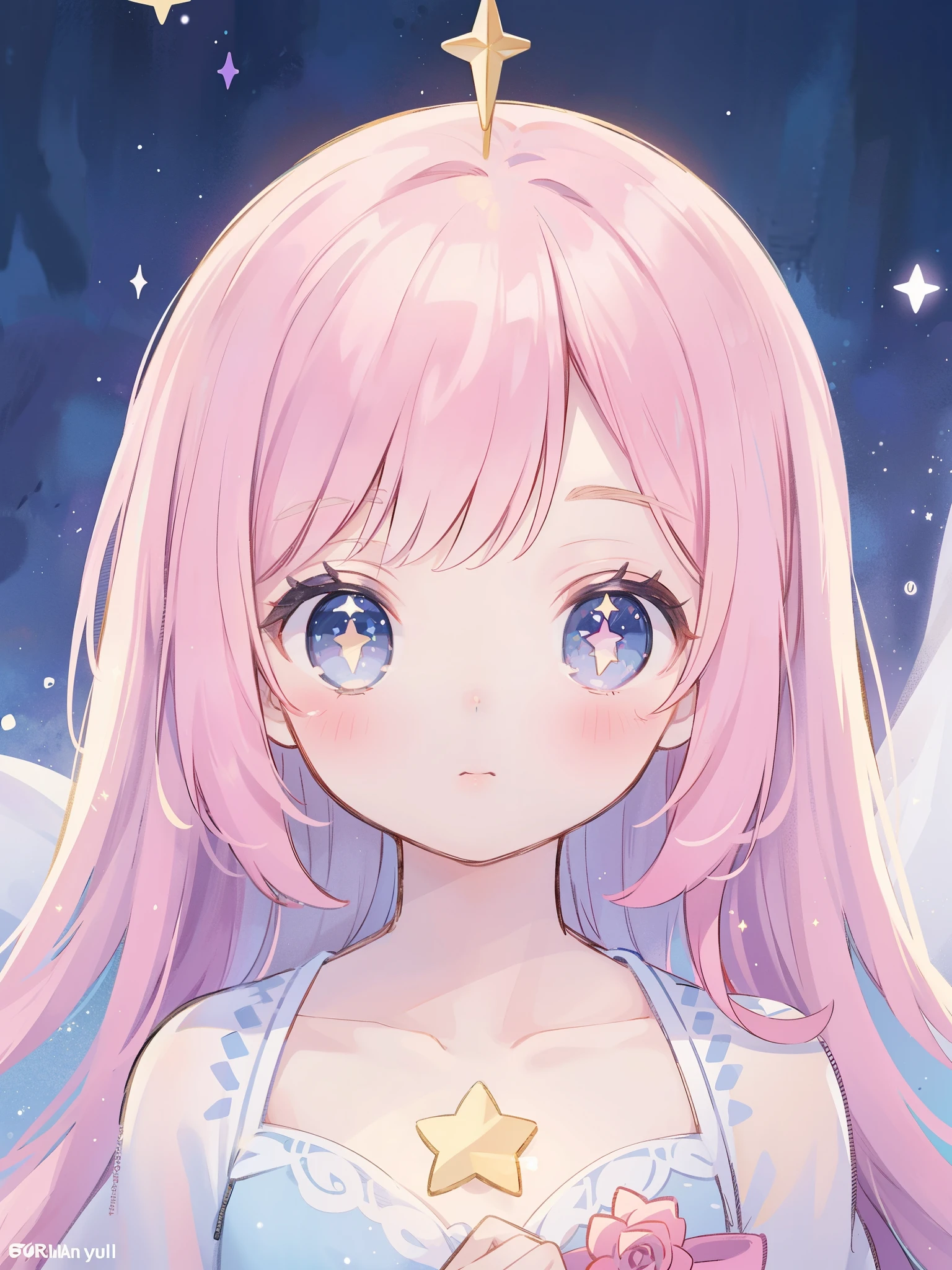 complex background, wishing star background, magical girl wearing an ethereal mystical pink translucent dress that reflects the stars, close up, sparkling detailed eyes, golden ratio face, perfect composition, perfume promo art, mystic, complex drawing, highly detailed, Covergirl brand, promo art, artistic rendition, ethereal, starry night, midjourney style