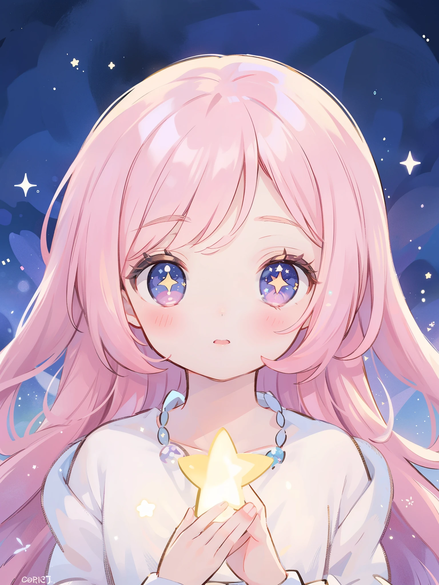 complex background, wishing star background, magical girl wearing an ethereal mystical pink translucent dress that reflects the stars, close up, sparkling detailed eyes, golden ratio face, perfect composition, perfume promo art, mystic, complex drawing, highly detailed, Covergirl brand, promo art, artistic rendition, ethereal, starry night, midjourney style