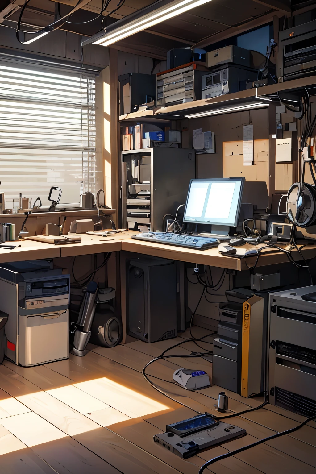 a detailed computer repair workbench with various computer equipment, precision tools, circuit boards, wires, motherboards, screwdrivers, toolbox, magnifying glass, technical manuals, computer components, organized workspace, industrial interior, warm lighting, depth of field, photorealistic