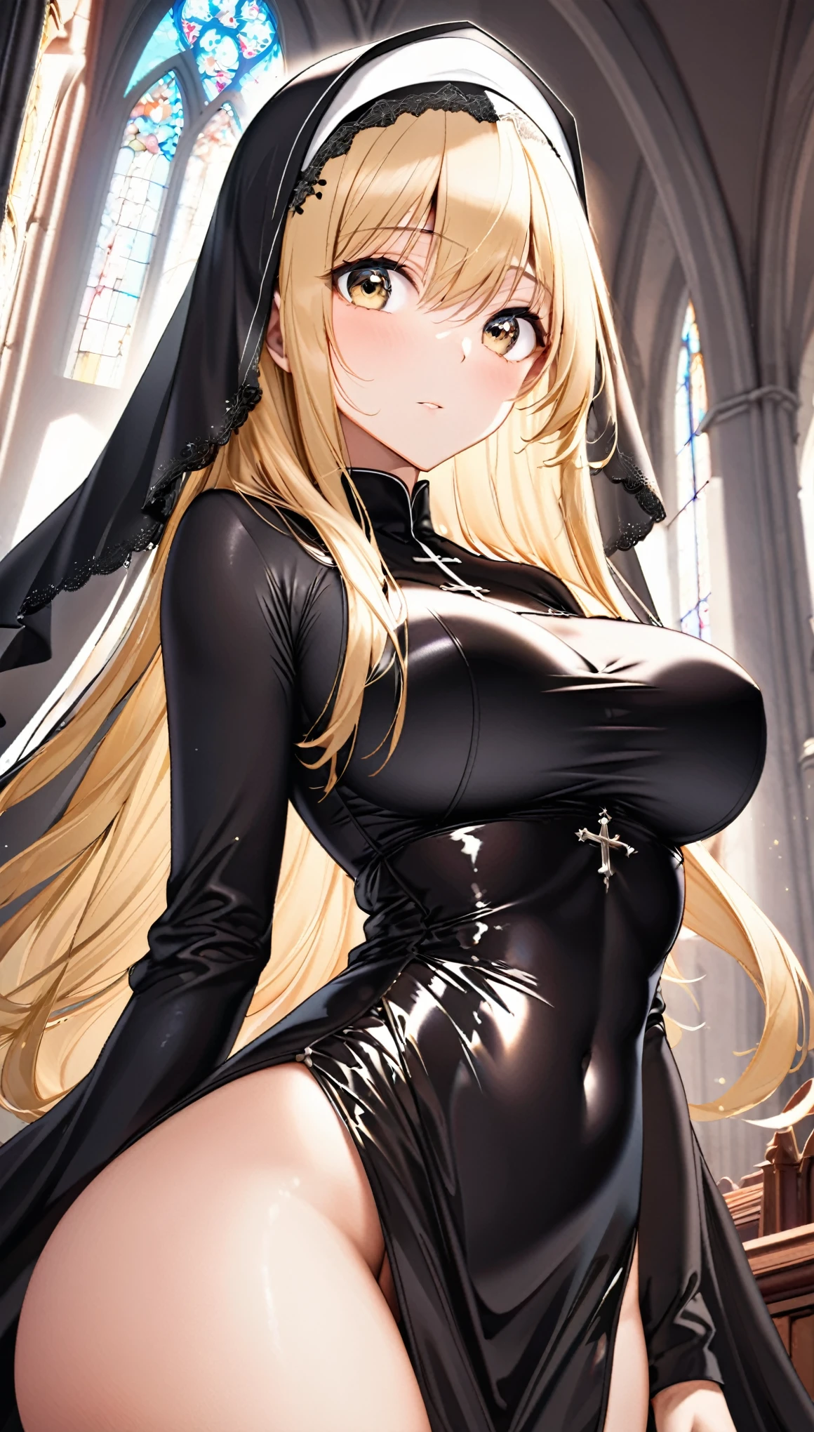 (Girl:1.5), (Elegant:1.3), (Blonde:1.5), (Straight Hair:1.5), (Long Hair:1.4), (Big eyes:1.2), (Droopy eyes:1.4), (nun:1.4), (shiny skin:1.5), (The ultimate female body:1.5), (Shapely large breasts:1.3), (black head veil:1.4), (black scapular:1.3), (black tunic:1.3), (looking away:1.3), (skindentation:1.4), (church:1.3), (pov:1.5), (close up:1.3), (View from below:1.3), (High resolution:1.2), (highest quality:1.2), (8K:1.2),
