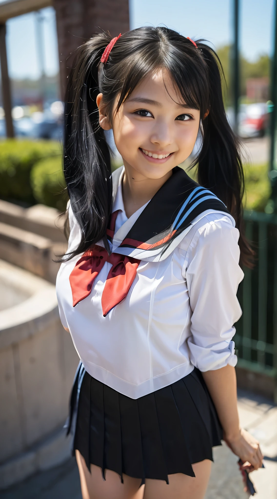 (8k、Raw photography、highest quality、masterpiece:1.2),(Black Hair:1.9),(Twin tails:1.3)、View your viewers,Viewed from the front,White skin,(high school girl、school uniform:1.6)、(Tight waist:1.6)、(Clothes that accentuate the shape of the breasts:1.0)、(Big Breasts :1.3)、Slim figure、Ultra-high resolution,beautiful,beautiful fece,(one person、No background:1.9),whole bodyボディー,Japanese women,(reality的:1.37)、Photon Mapping,reality、(Baby-faced and cute: 1.4)、(Cute Smile: 1.8)、(Round face: 1.8)、Radio City、Physically Based Rendering、Depth of field rally background、photograph, (I can see your knees、Thigh close-up:1.8),(:1.6),whole body、Great quality