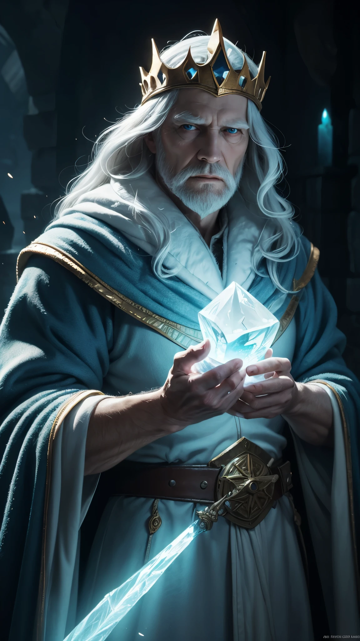 (best quality,4k,8k,highres,masterpiece:1.2),ultra-detailed,(realistic,photorealistic,photo-realistic:1.37),ice king, old man, wizard, dnd, dungeons and dragons, adventure time, fantasy, epic, powerful, magical, ice powers, staff, robes, detailed face, long beard, magical effects, cinematic lighting, dramatic pose, fantasy landscape, mountainous background, (adventure time ice king as a dnd character) 