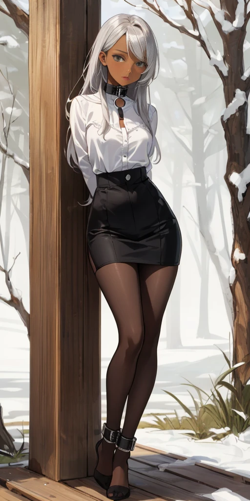 (Masterpiece, best quality, intricate details, 1sologirl) iron collar, arms behind back, iron cuffs, shackles, bound ((standing by wooden pole:1.2)) ((female Black Dark skin Gyaru)) show entire body frontal position, feet in view, realistic, gorgeous 16y.o. darkest skinned mixed race female, black African, transparent black pantyhose, legs open, museum, no shoes, looking to viewer straight symmetrical, white silver long hair