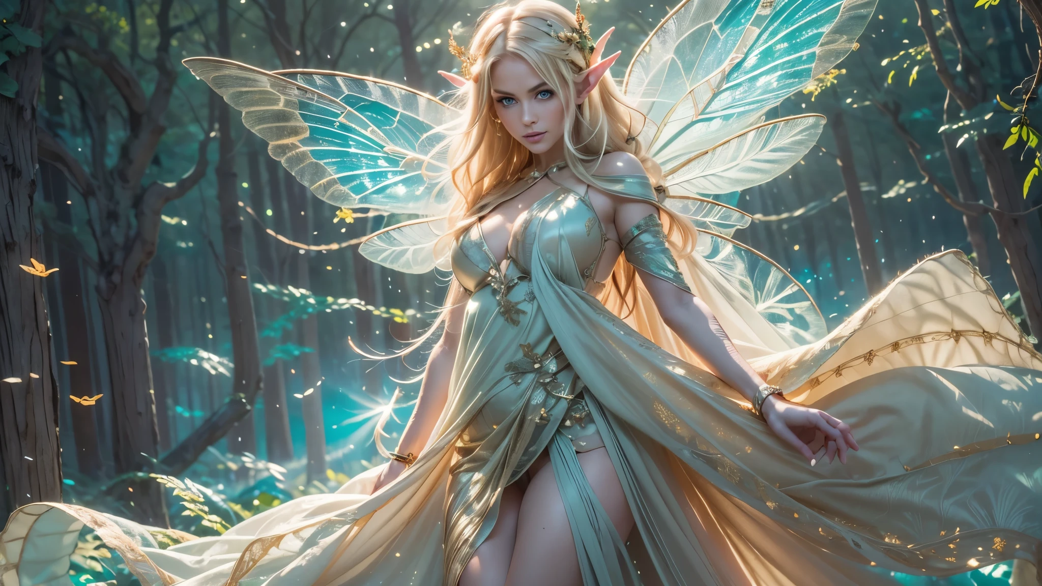 Beautiful faerie woman, elf ear, flying, centered holographic dragonfly wings, balanced wings, glowing blue eyes, detailed proportional hand, proportional body, firm breast, silk tutu, frank Frazzetta painting style, (Best Quality:1.4), (Ultra-detailed), (extremely detailed CG unified 8k wallpaper), Highly detailed, RAW Photos, Professional Photography, plein air, Illumination, (Super fancy photos:1.4), (Dazzling light), Radiant Photography, depth of fields