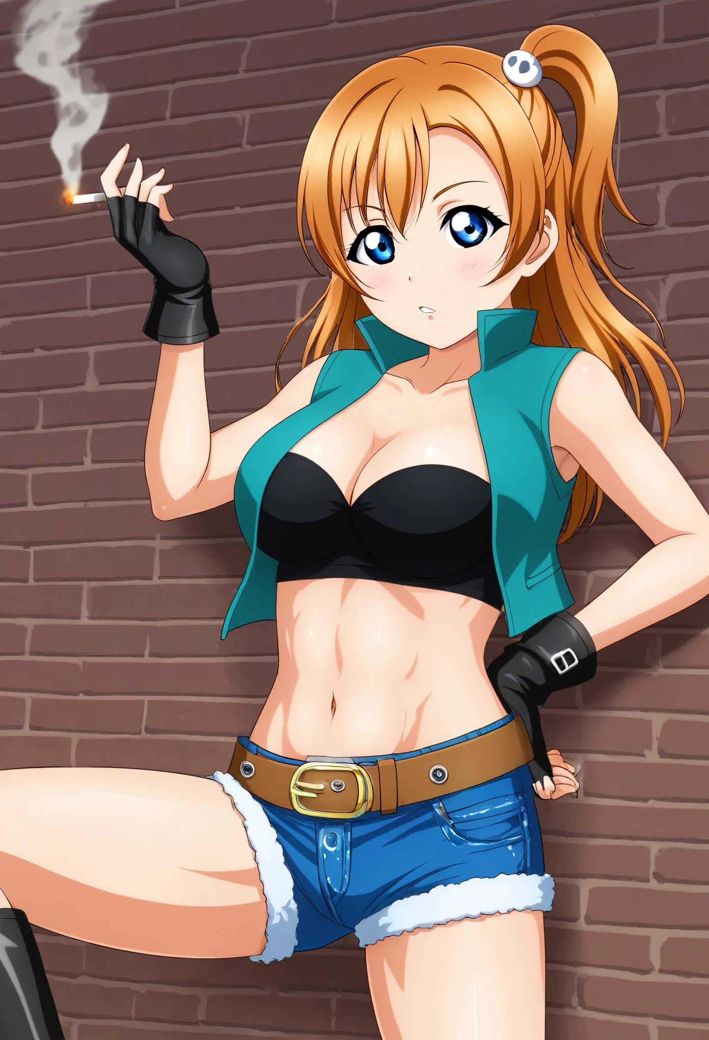masterpiece, best quality, cowboy shot, kousaka honoka,blue eyes, hentai style,solo, love live style ,1girl, solo, poor street, cleavage, medium_breasts, solo, boots, sleeveless, midriff, belt, fingerless_gloves, bra, vest, short_shorts, strapless, denim, blue_shorts, toned, smokes a cigarette