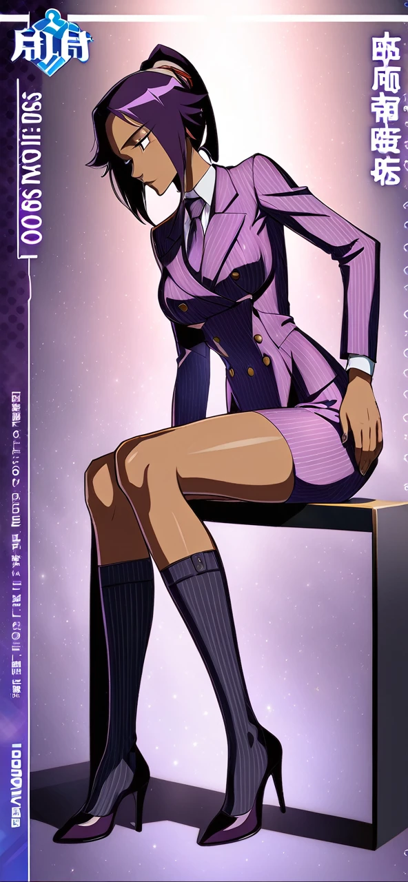  Full body Yoruichi as a thin Black business woman in a double breasted pinstripe purple  skirt suit while wearing a tie with a very long purple pinstripe skirt that covers the legs and with long black knee socks full art and make her sit down also give her thin legs and purple heels