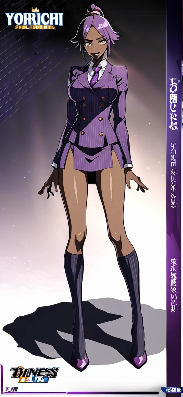 Full body Yoruichi as a thin Black business woman in a double breasted pinstripe purple skirt suit while wearing a tie with a very long purple pinstripe skirt that covers the legs and with long black knee socks full art and make her sit down also give her thin legs and purple heels