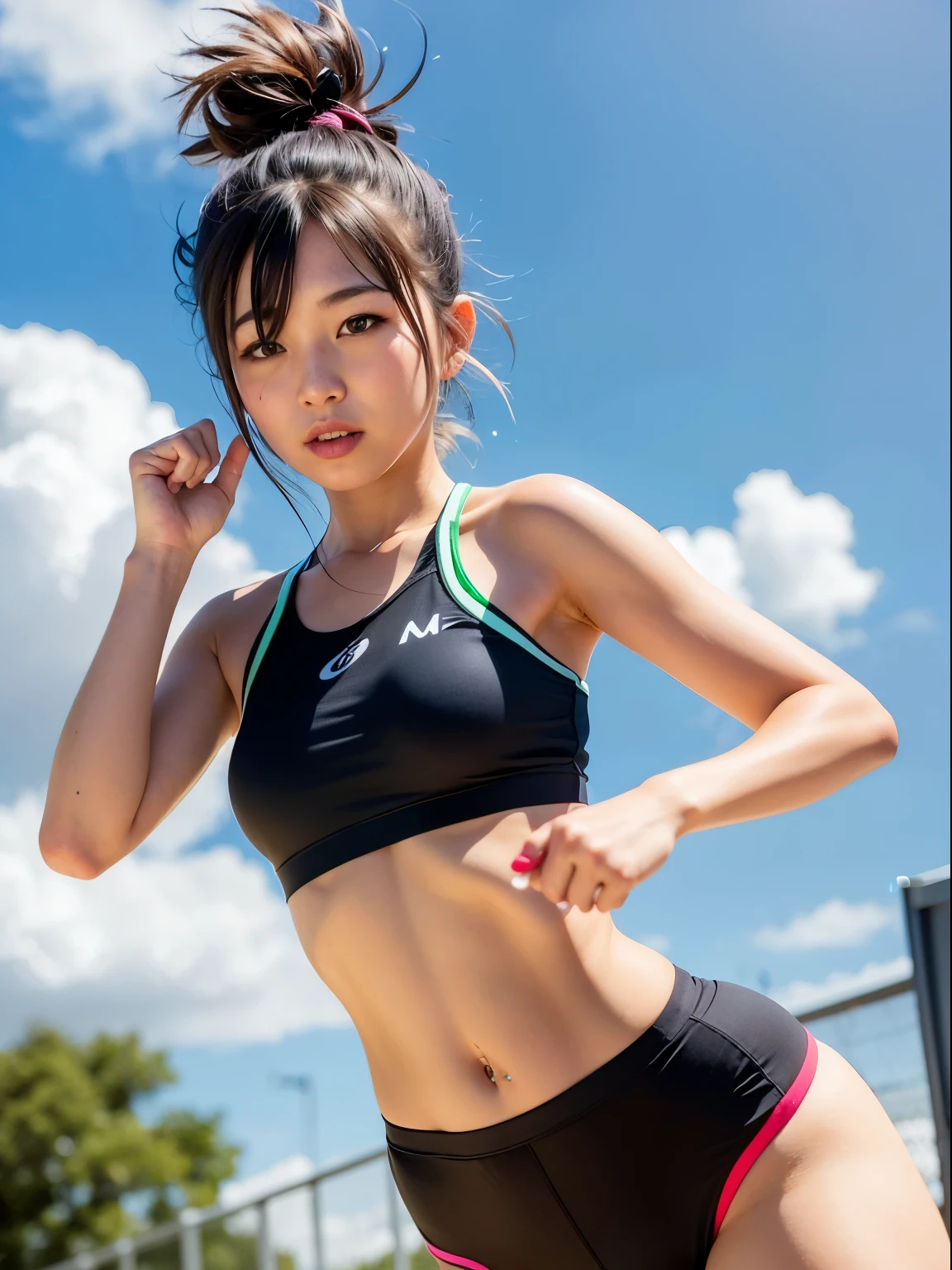a healthy and sporty Japanese girl, athletic slender body,anime style, vibrant colors, action lines, detailed, trending on Instagram
