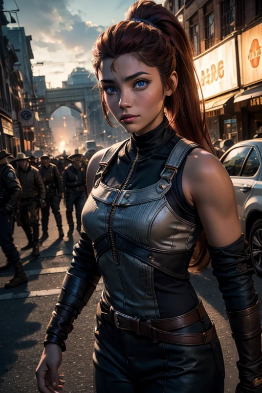 iliaamitola, ilia amitola, smiling, long hair, blue eyes, brown hair, ponytail, dark skin, dark-skinned female, BREAK bare shoulders, bodysuit, BREAK city street, bonfires, wrecked vehicles, crowd, (crowd in military dress), post-apocalypse, dystopian future, crowd, (crowd in military uniforms), (volumetric lighting), best quality, masterpiece, intricate details, tonemapping, sharp focus, hyper detailed, BREAK looking at viewer, (cowboy shot:1.5), BREAK (masterpiece:1.2), best quality, high resolution, unity 8k wallpaper, (illustration:0.8), (beautiful detailed eyes:1.6), extremely detailed face, perfect lighting, extremely detailed CG, (perfect hands, perfect anatomy),