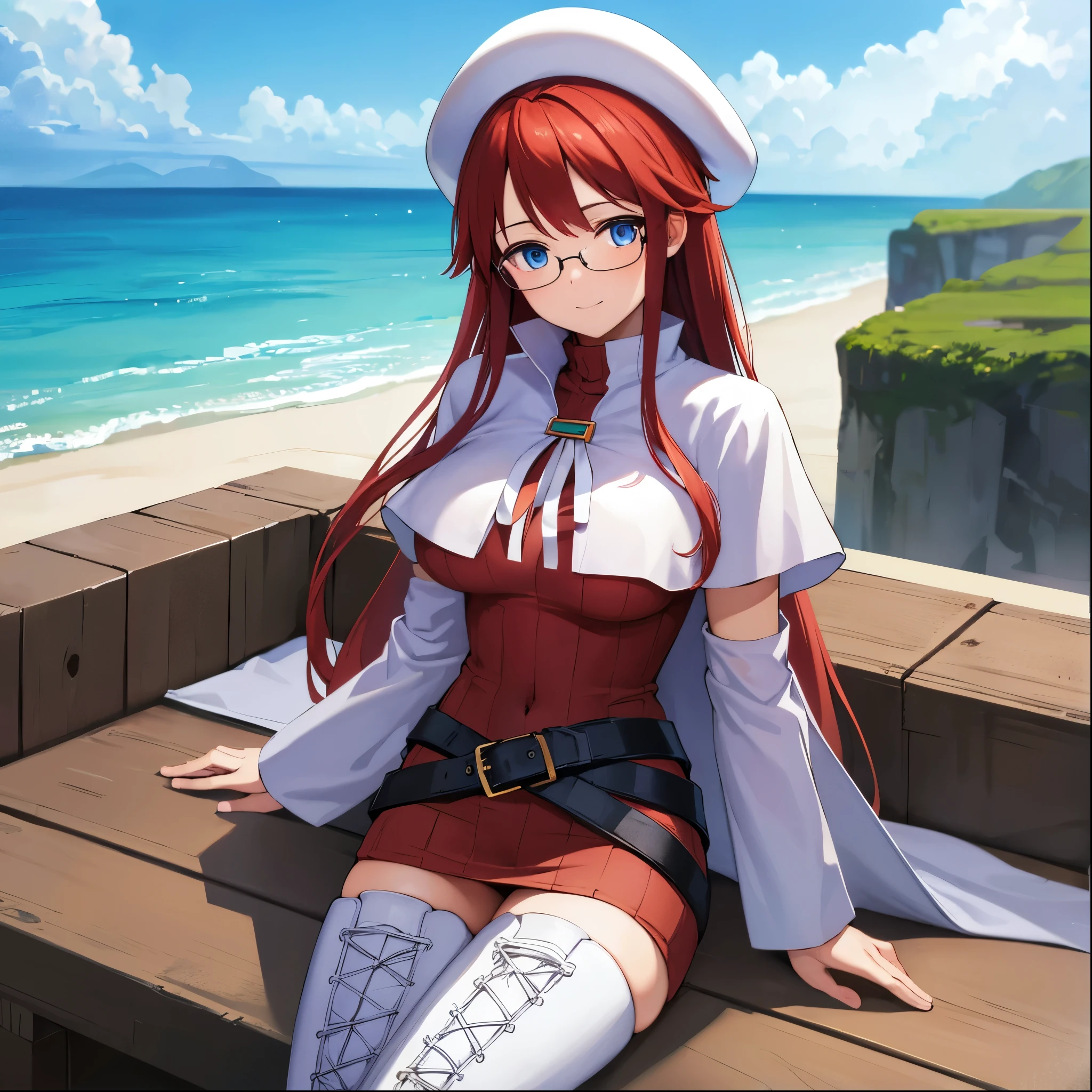 summonnightaty, aty, (young:1.3),long hair, blue eyes, red hair, big_tits, hat, glasses,
BREAK long hair, thighhighs, hat, dress, naked_legs, glasses, belt, cape, sweater, zettai ryouiki, beret, thigh boots, white footwear, ribbed sweater, loose belt,solo,
BREAK outdoors, fantasy,on_beach,
,Highquality_hads,perfect_fingers,
BREAK (masterpiece:1.2), best quality, high resolution, unity 8k wallpaper, (illustration:0.8), (beautiful detailed eyes:1.6), extremely detailed face, perfect lighting, extremely detailed CG, (perfect hands, perfect anatomy),covered_nipples,covered_navel ,half_eyes,long_sword,sleepy,standing,red_sweater,apart_knees,magical_effect,spread_legs, have_a_book,teacher,rise_knee,Smile,rise_hand,look_down_viewer,spread_arms,sea_waves,looking_into,blue_sky,sitting,plump,