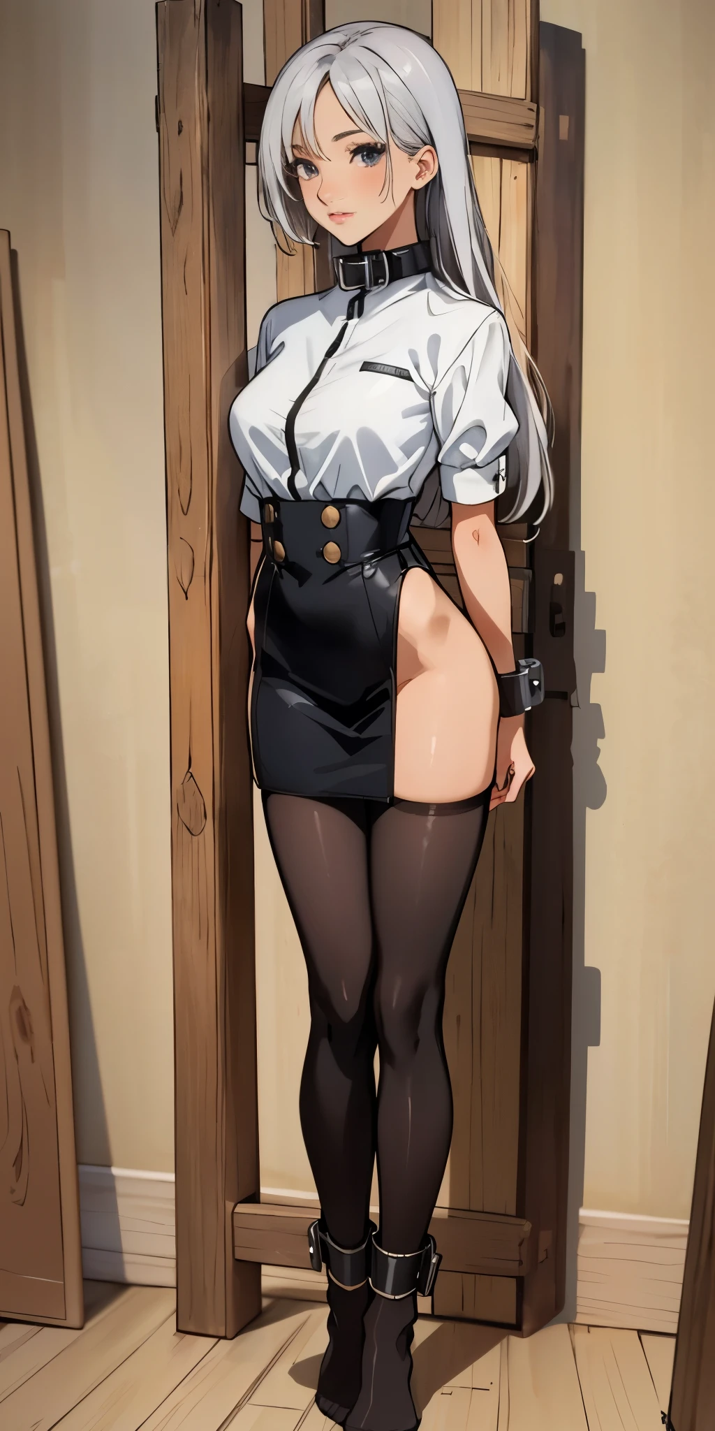 (Masterpiece, best quality, intricate details, 1sologirl) iron collar, arms behind back, iron cuffs, shackles, bound ((standing by wooden pole:1.2)) ((Kei Kishimoto Black Dark skin Gyaru)) show entire body frontal position, feet in view, realistic, gorgeous 16y.o. darkest skinned mixed race female, black African, transparent black pantyhose, legs open, museum, no shoes, looking to viewer straight symmetrical, white silver long hair