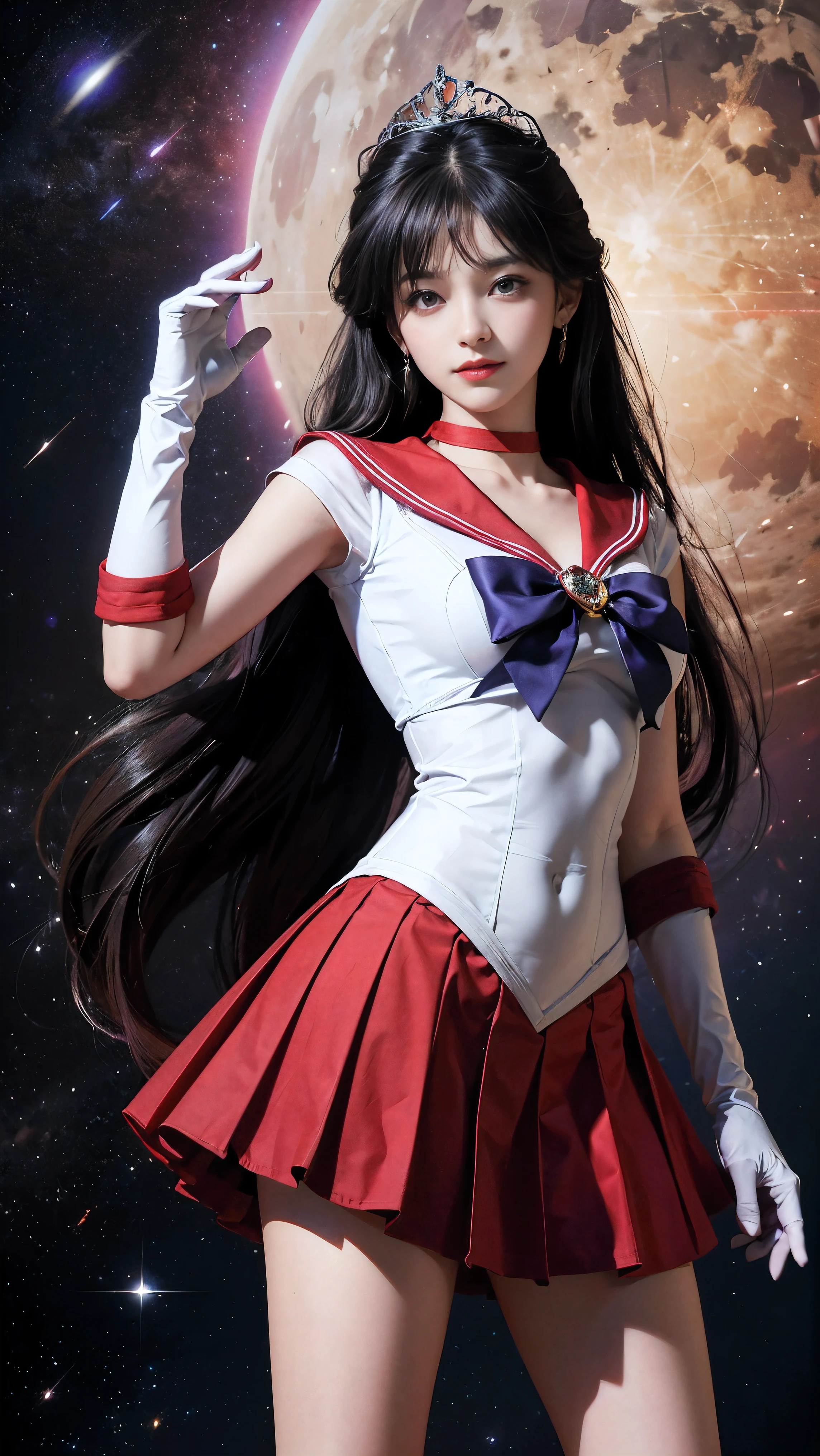1 girl,long hair, (high quality,8K,black hair, realistic, 最high quality, purple dyed hair, purple hair, lumasterpiece,Super detailed, disorganized)1.5,((Summer 1, tiara, Sailor Senshi Uniform, white gloves, Red sailor collar, red skirt)),City of night,white gloves,purple ribbon,purple eye,masterpiece,best quality,highres,sama1,tiara,sailor senshi uniform,white gloves,red sailor collar,red skirt,star choker,elbow gloves,pleated skirt,bare legs,purple bow,space,moon,cowboy shot,smile,flame bow,