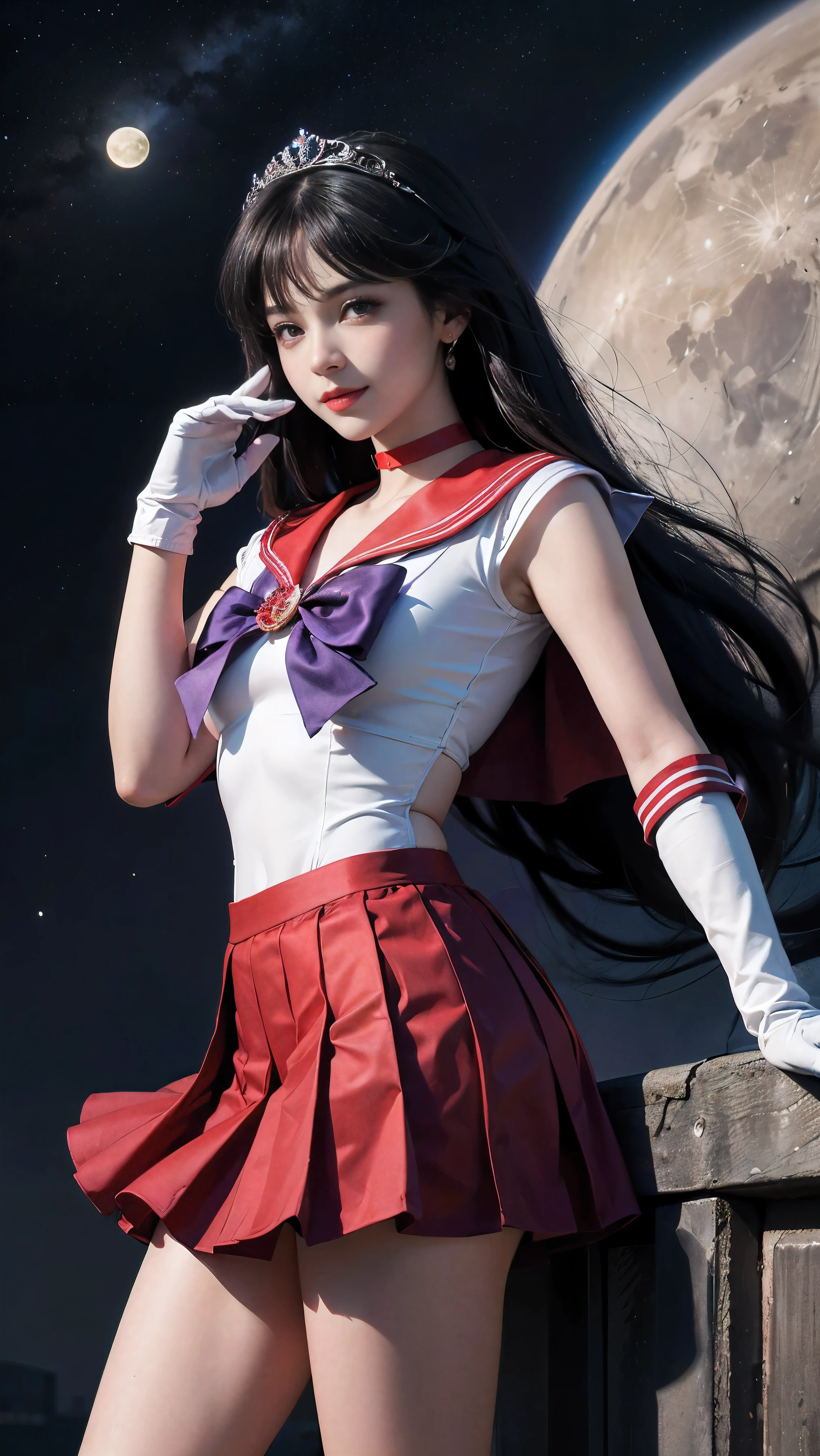1 girl,long hair, (high quality,8K,black hair, realistic, 最high quality, purple dyed hair, purple hair, lumasterpiece,Super detailed, disorganized)1.5,((Summer 1, tiara, Sailor Senshi Uniform, white gloves, Red sailor collar, red skirt)),City of night,white gloves,purple ribbon,purple eye,masterpiece,best quality,highres,sama1,tiara,sailor senshi uniform,white gloves,red sailor collar,red skirt,star choker,elbow gloves,pleated skirt,bare legs,purple bow,space,moon,cowboy shot,smile,flame bow,