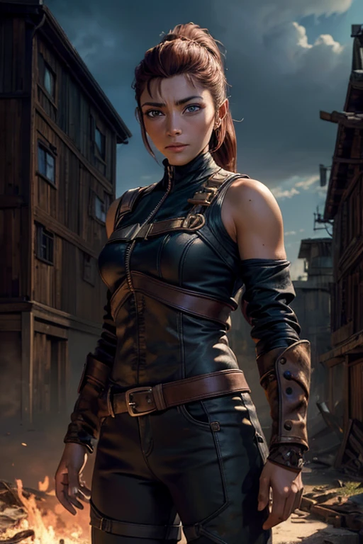 
iliaamitola, ilia amitola, smiling, long hair, blue eyes, brown hair, ponytail, dark skin, dark-skinned female, BREAK bare shoulders, bodysuit, BREAK outside giant castle, iron gates, huge wall, bonfires, wrecked vehicles, crowd, (crowd in military dress), post-apocalypse, dystopian future, crowd, (crowd in military uniforms), (volumetric lighting), best quality, masterpiece, intricate details, tonemapping, sharp focus, hyper detailed, BREAK looking at viewer, (cowboy shot:1.5), BREAK (masterpiece:1.2), best quality, high resolution, unity 8k wallpaper, (illustration:0.8), (beautiful detailed eyes:1.6), extremely detailed face, perfect lighting, extremely detailed CG, (perfect hands, perfect anatomy), 
