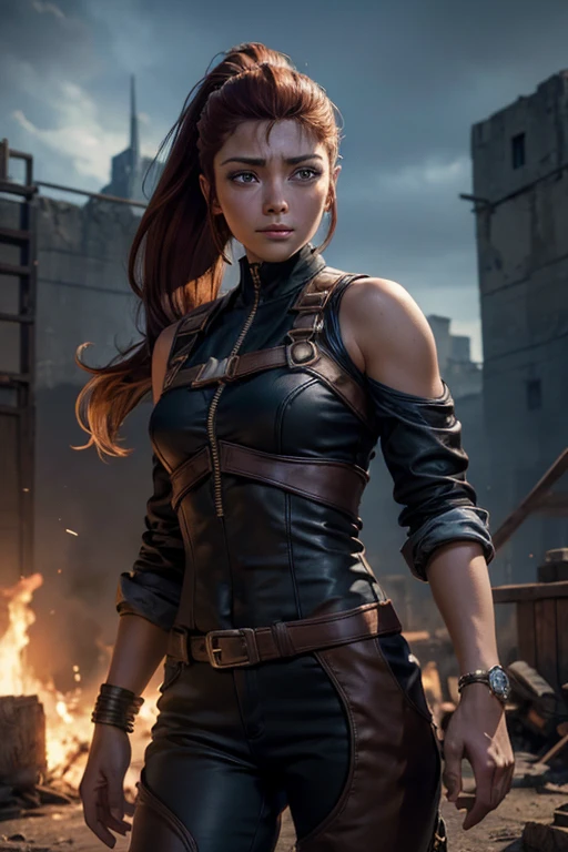 iliaamitola, ilia amitola, smiling, long hair, blue eyes, brown hair, ponytail, dark skin, dark-skinned female, BREAK bare shoulders, bodysuit, BREAK outside giant castle, iron gates, huge wall, bonfires, wrecked vehicles, crowd, (crowd in military dress), post-apocalypse, dystopian future, crowd, (crowd in military uniforms), (volumetric lighting), best quality, masterpiece, intricate details, tonemapping, sharp focus, hyper detailed, BREAK looking at viewer, (cowboy shot:1.5), BREAK (masterpiece:1.2), best quality, high resolution, unity 8k wallpaper, (illustration:0.8), (beautiful detailed eyes:1.6), extremely detailed face, perfect lighting, extremely detailed CG, (perfect hands, perfect anatomy),