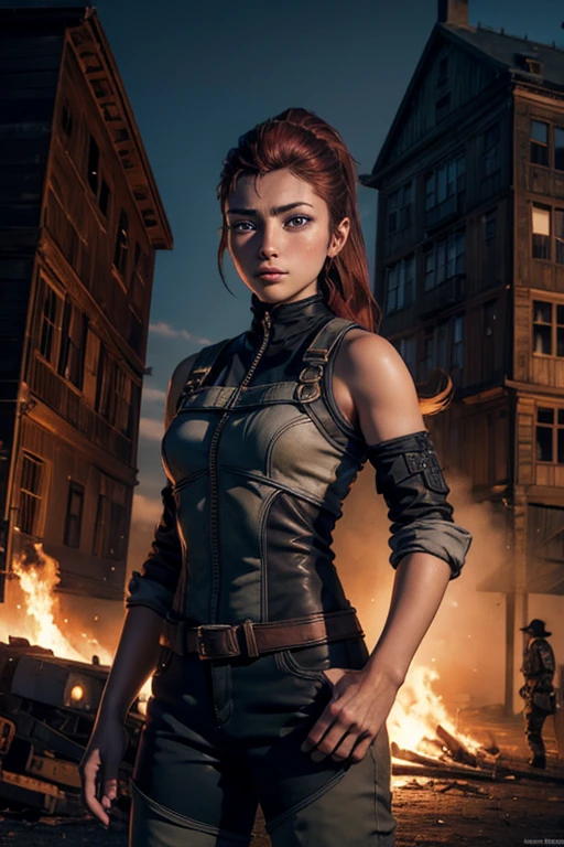 
iliaamitola, ilia amitola, smiling, long hair, blue eyes, brown hair, ponytail, dark skin, dark-skinned female, BREAK bare shoulders, bodysuit, BREAK outside giant castle, iron gates, huge wall, bonfires, wrecked vehicles, crowd, (crowd in military dress), post-apocalypse, dystopian future, crowd, (crowd in military uniforms), (volumetric lighting), best quality, masterpiece, intricate details, tonemapping, sharp focus, hyper detailed, BREAK looking at viewer, (cowboy shot:1.5), BREAK (masterpiece:1.2), best quality, high resolution, unity 8k wallpaper, (illustration:0.8), (beautiful detailed eyes:1.6), extremely detailed face, perfect lighting, extremely detailed CG, (perfect hands, perfect anatomy), 
