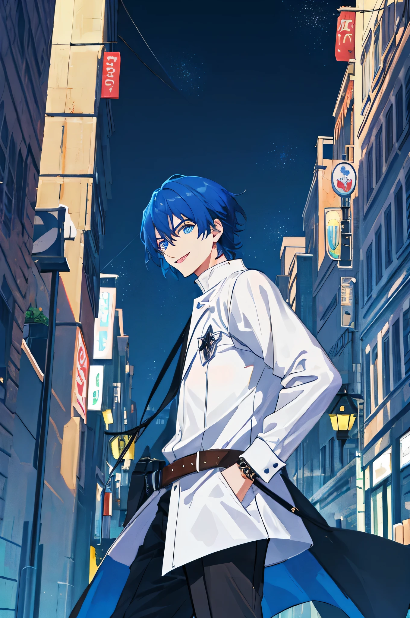 (city Background), masterpiece, best quality,Illustration, Wallpaper, ultra detail, absurdres, 1man, solo,adult guy, beautiful detailed eyes, cowboy shot, short hair, black knight guy,blue hair,  (city background:1.5),( furious),fantasy knight clothes with gold decorations,(adult),(20 years old),smile,(black knight),view from the town side,Walking in the City,detailed background,