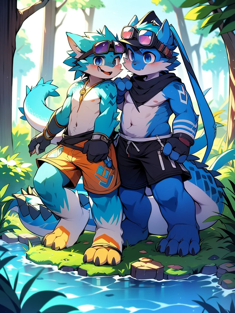 Chinese dragon boy,Gray fur,Topless, mammal, hairy,Aqua blue eyes,Blue and black gradient swimming trunks quality,black fingerless gloves,goggles,laboratory,barefoot,inventor,Dragon Horn,star tattoo
