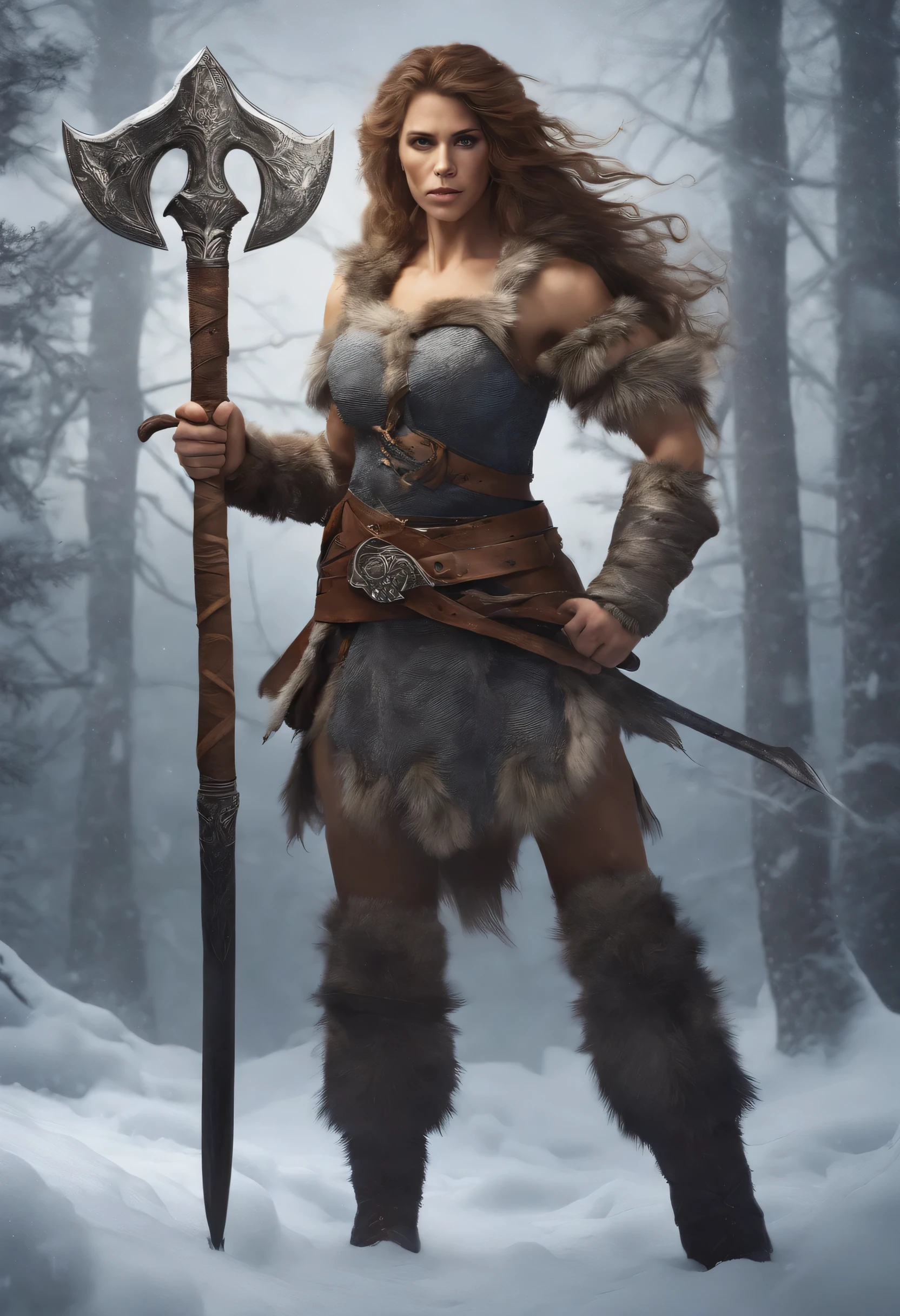 Mickie James as a DnD character, female barbarian, long flowing hair, fierce expression, holding a large battle axe, standing in a snowy forest, dark grey cloudy sky, cold atmosphere, fantasy medieval landscape, (best quality,4k,8k,highres,masterpiece:1.2),ultra-detailed,(realistic,photorealistic,photo-realistic:1.37),highly detailed face, muscular build, fur-lined armor, snow covered trees, moody lighting, dramatic poses, cinematic camera angle, muted color palette